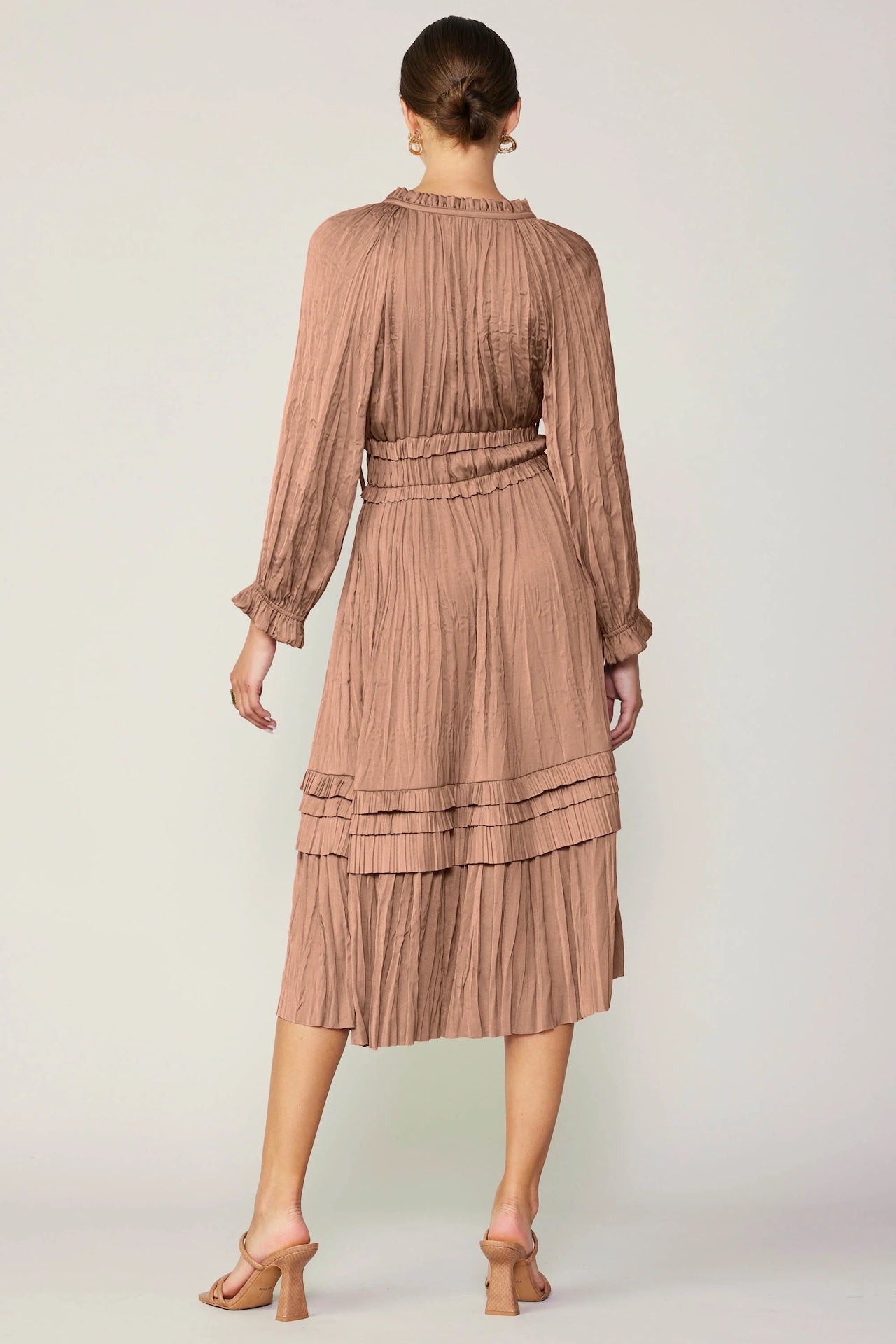 dusty clay beige pleated midi dress with long sleeves