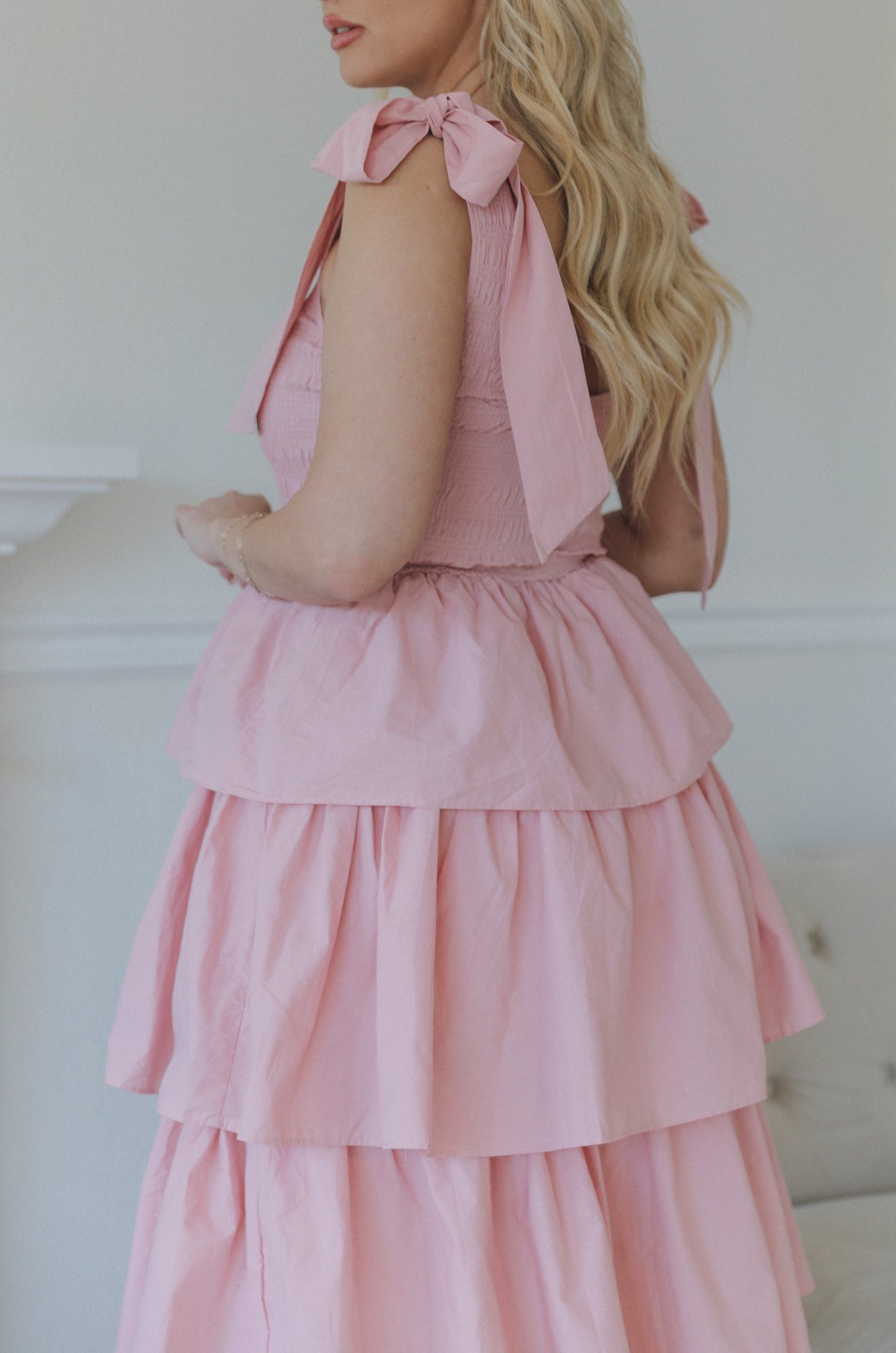 pink ruffle tiered midi dress with smocked bodice