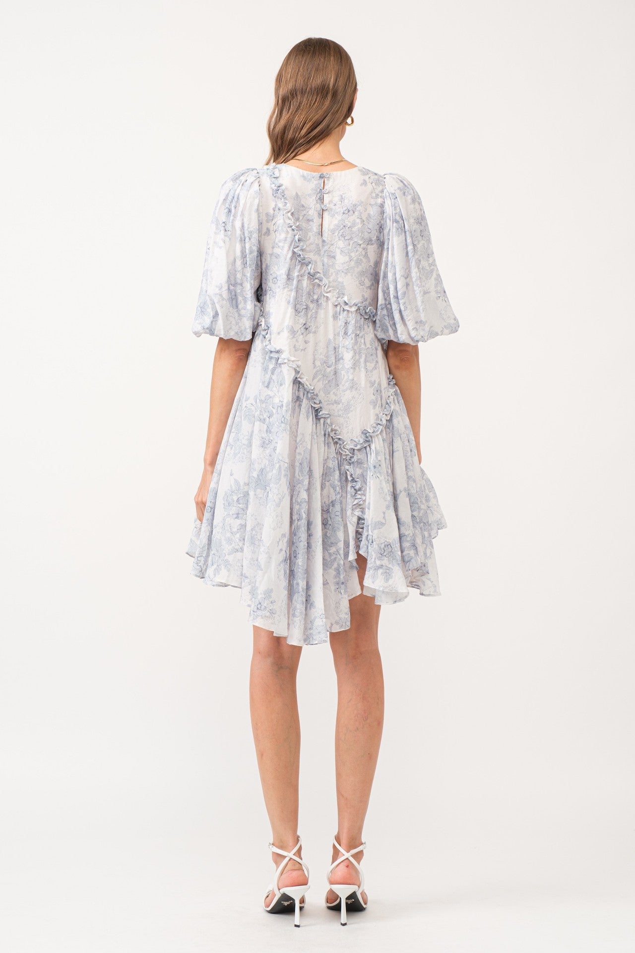 blue and white toile asymmetrical mini dress