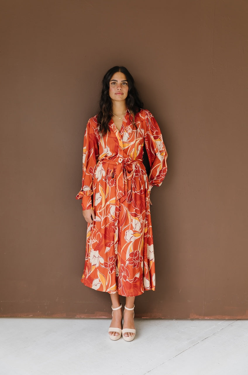 Rust Floral Long Sleeve Printed Midi Dress | Tink and Posh L Rust Floral Long Sleeve Printed Midi Dress | Tink and Posh L