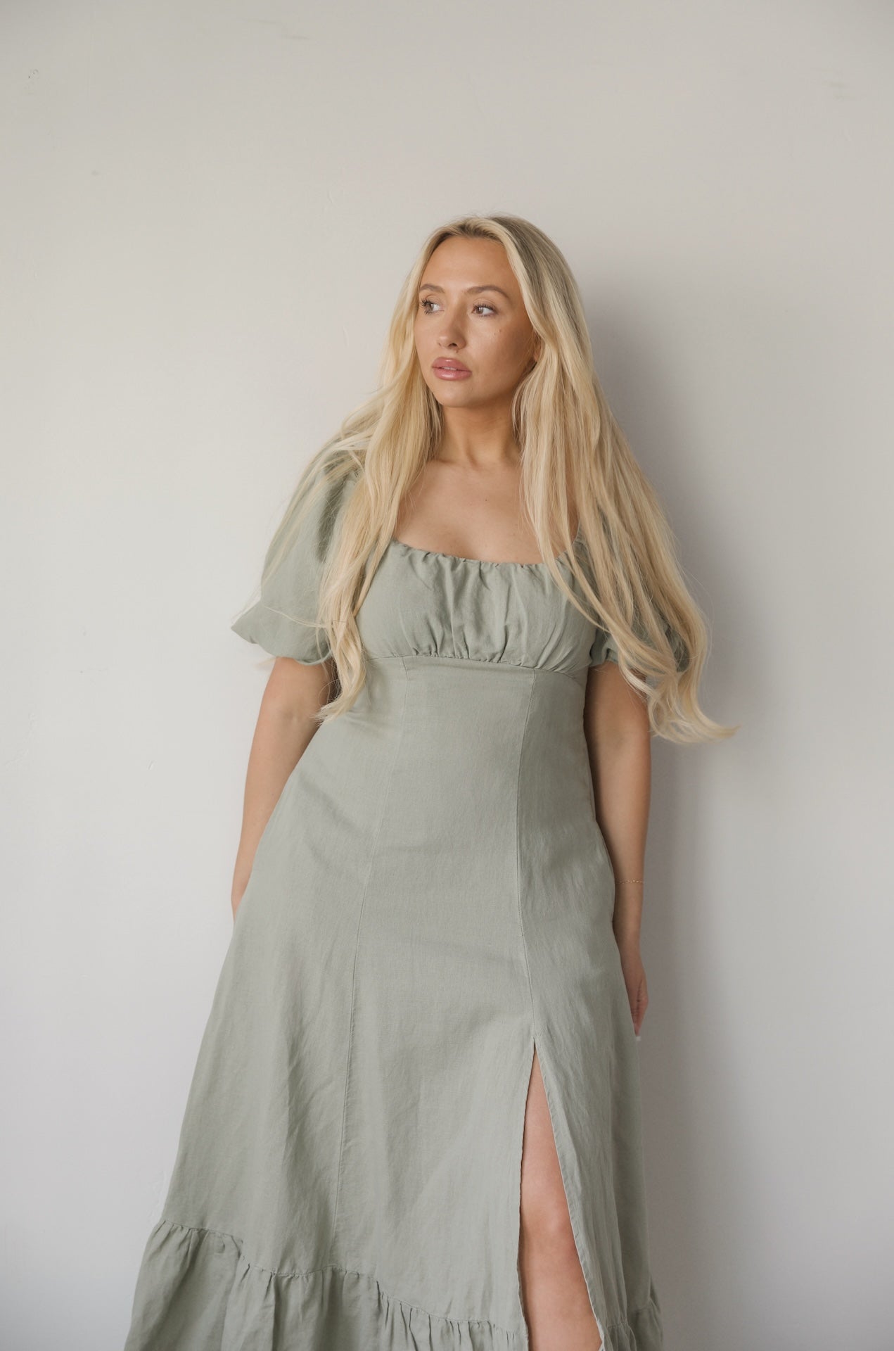 Linen Puff Sleeve Dress