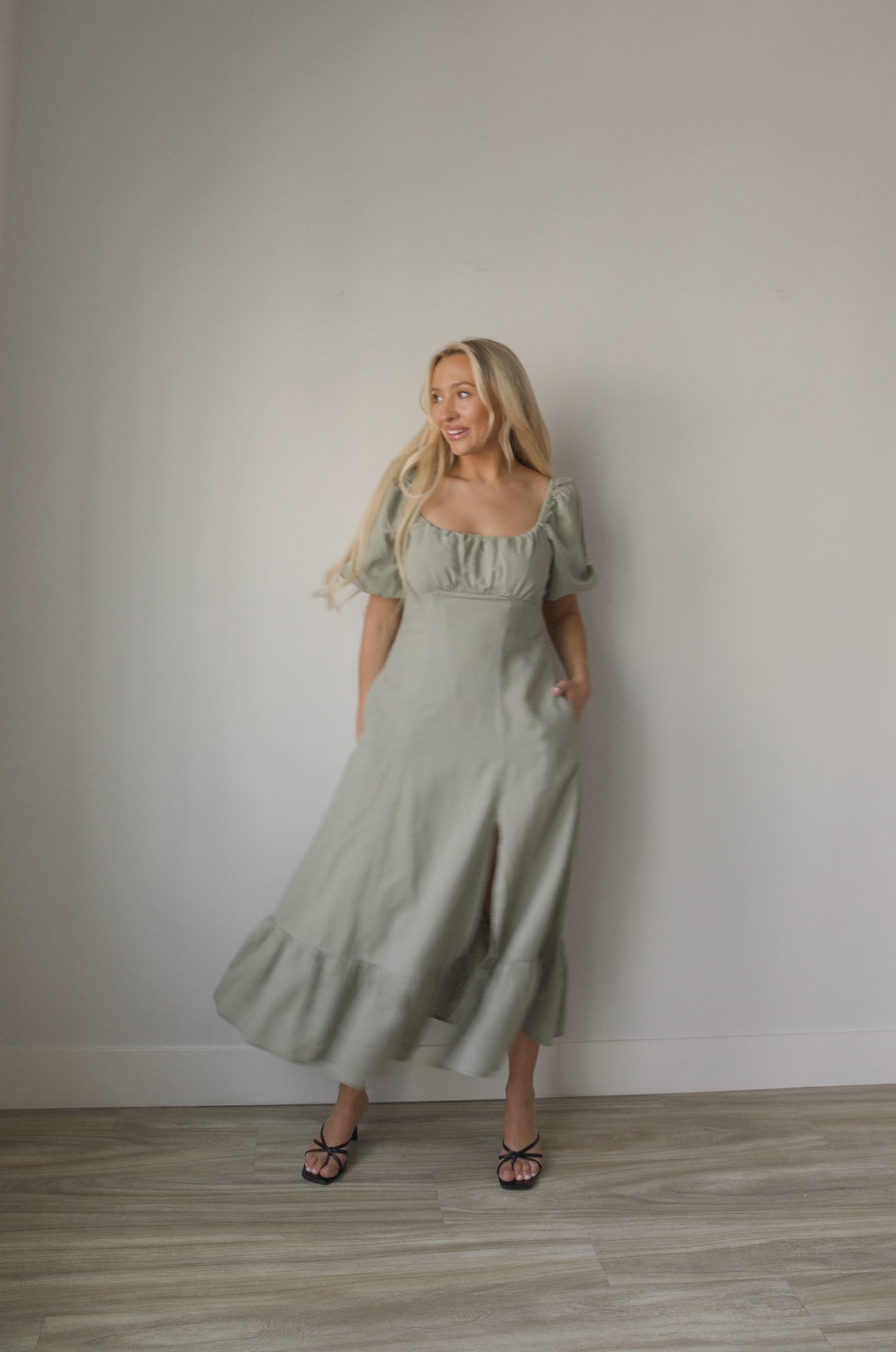 Sage Linen Puff Sleeve Dress L Sage Linen Puff Sleeve Dress L
