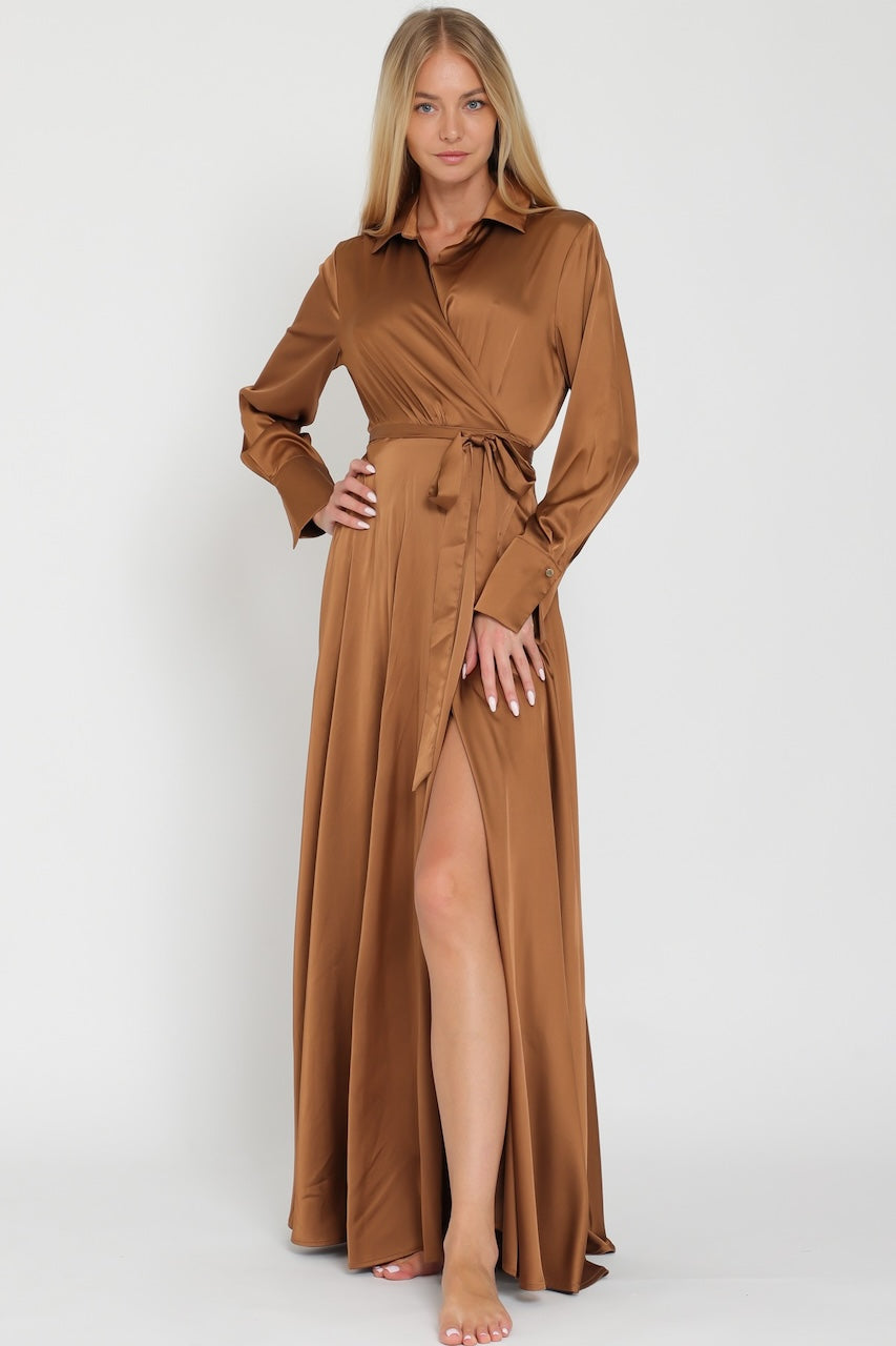 Bronze satin wrap maxi dress with collar and long sleeves