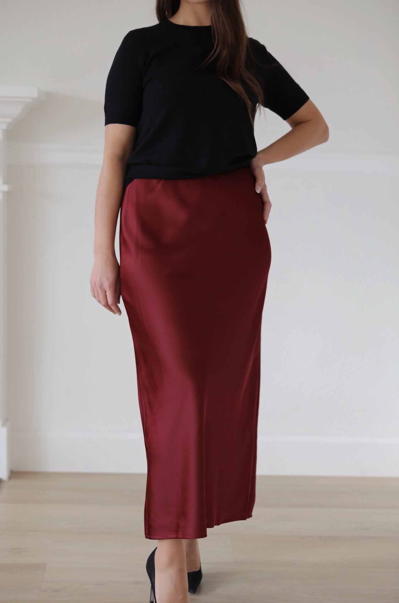 red burgundy satin midi skirt pull on