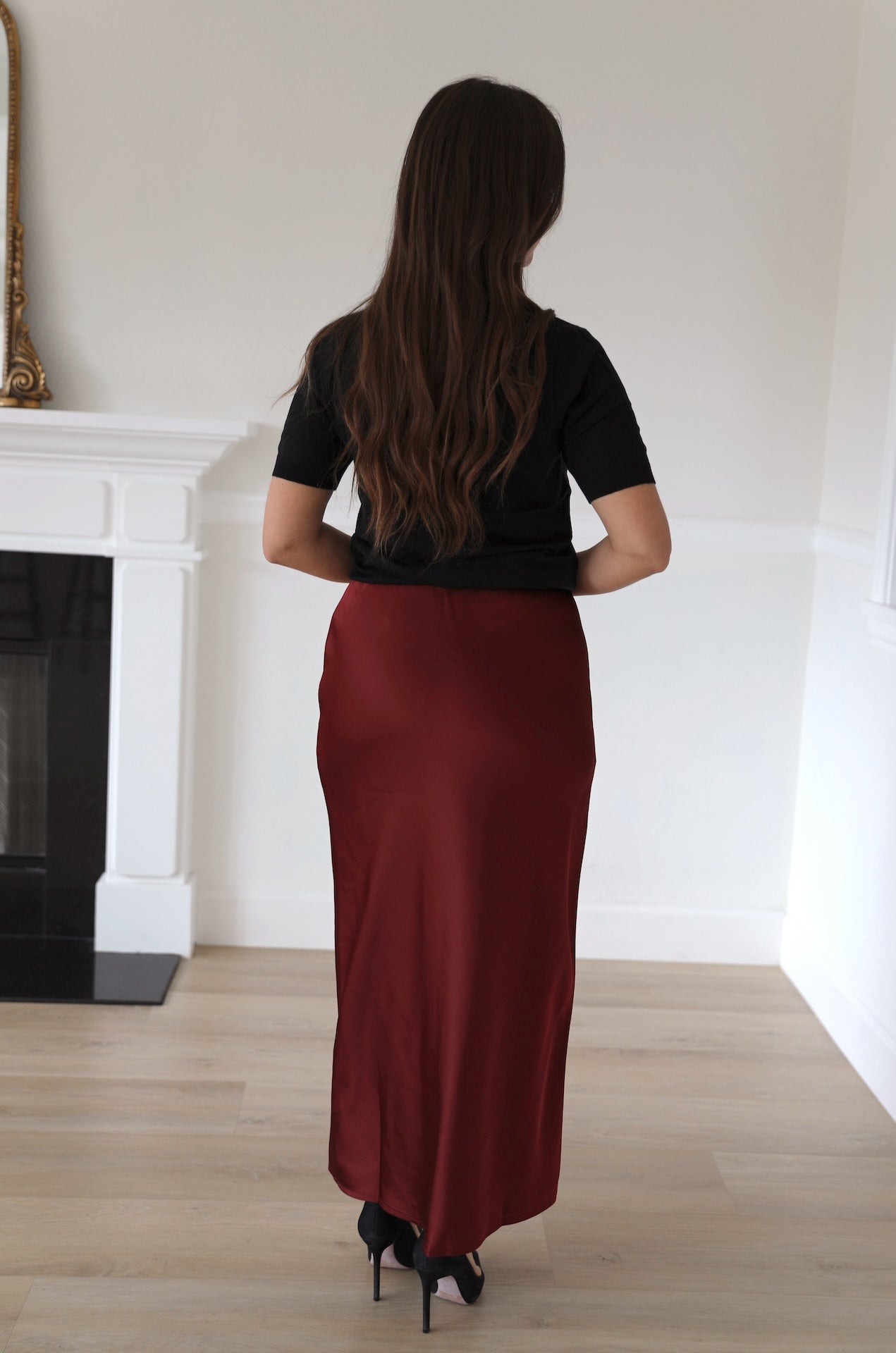 red burgundy satin midi skirt pull on