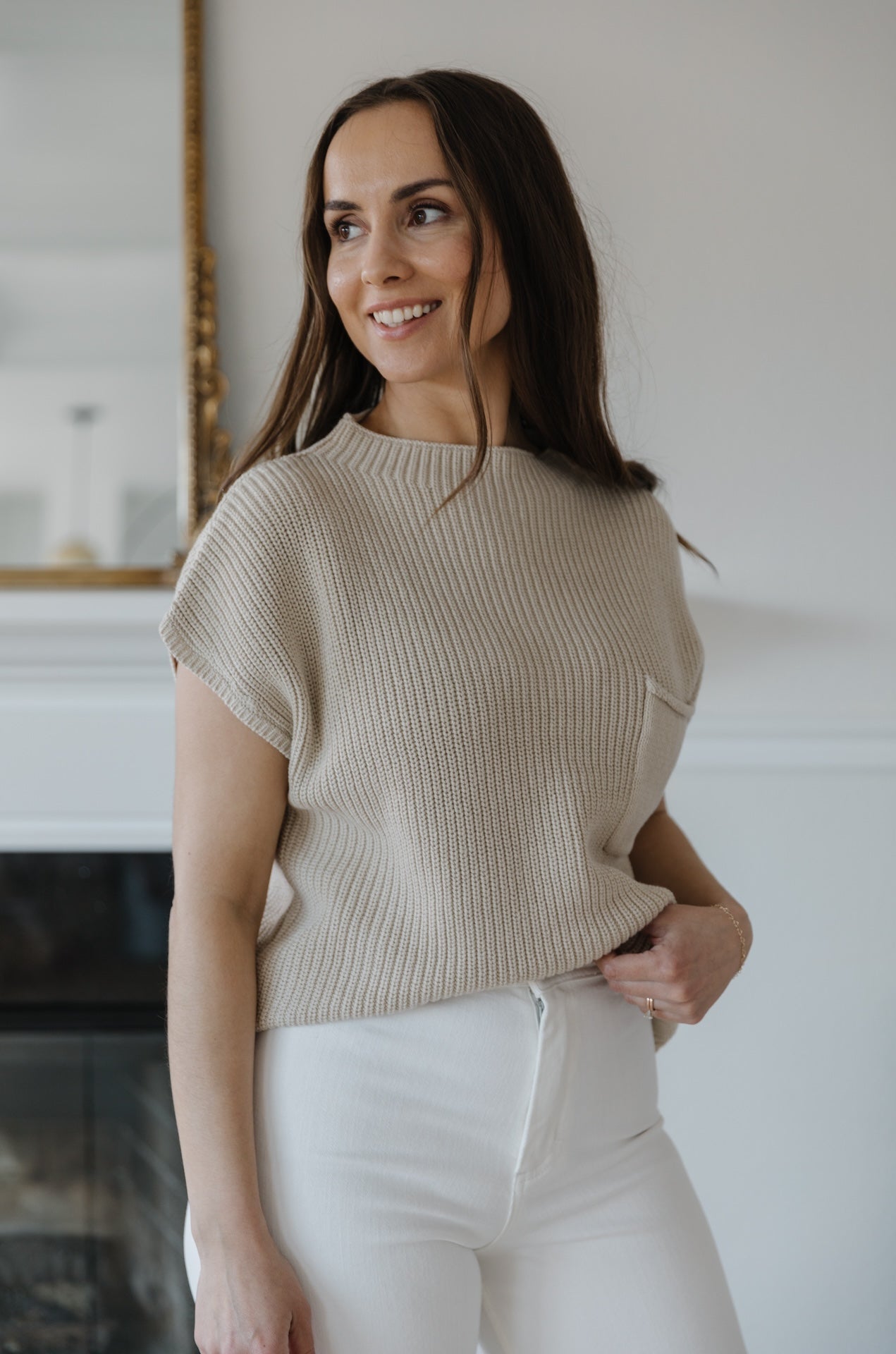 Taupe Knit Sweater Top With Pocket