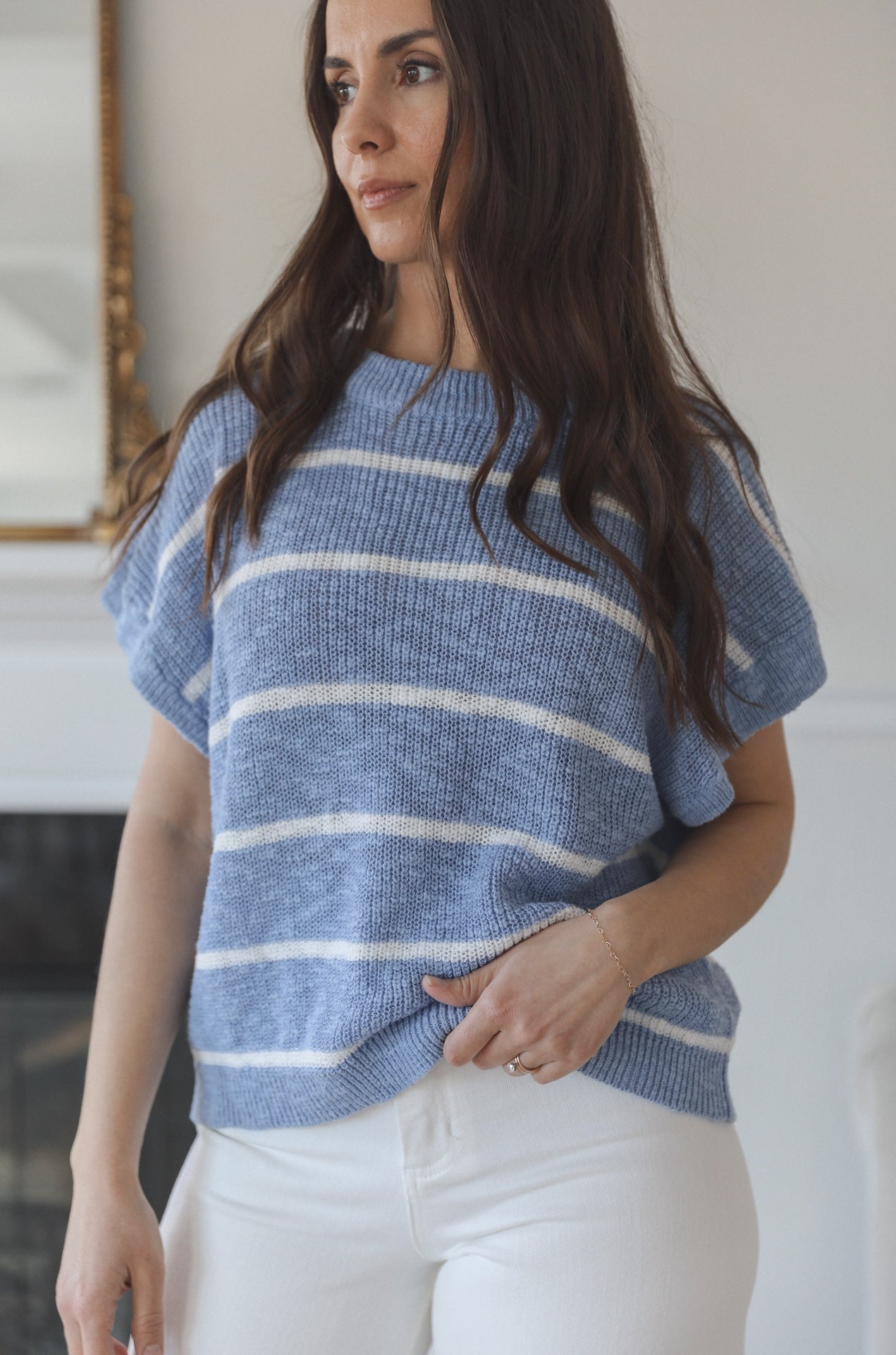 blue and white short sleeve knit top