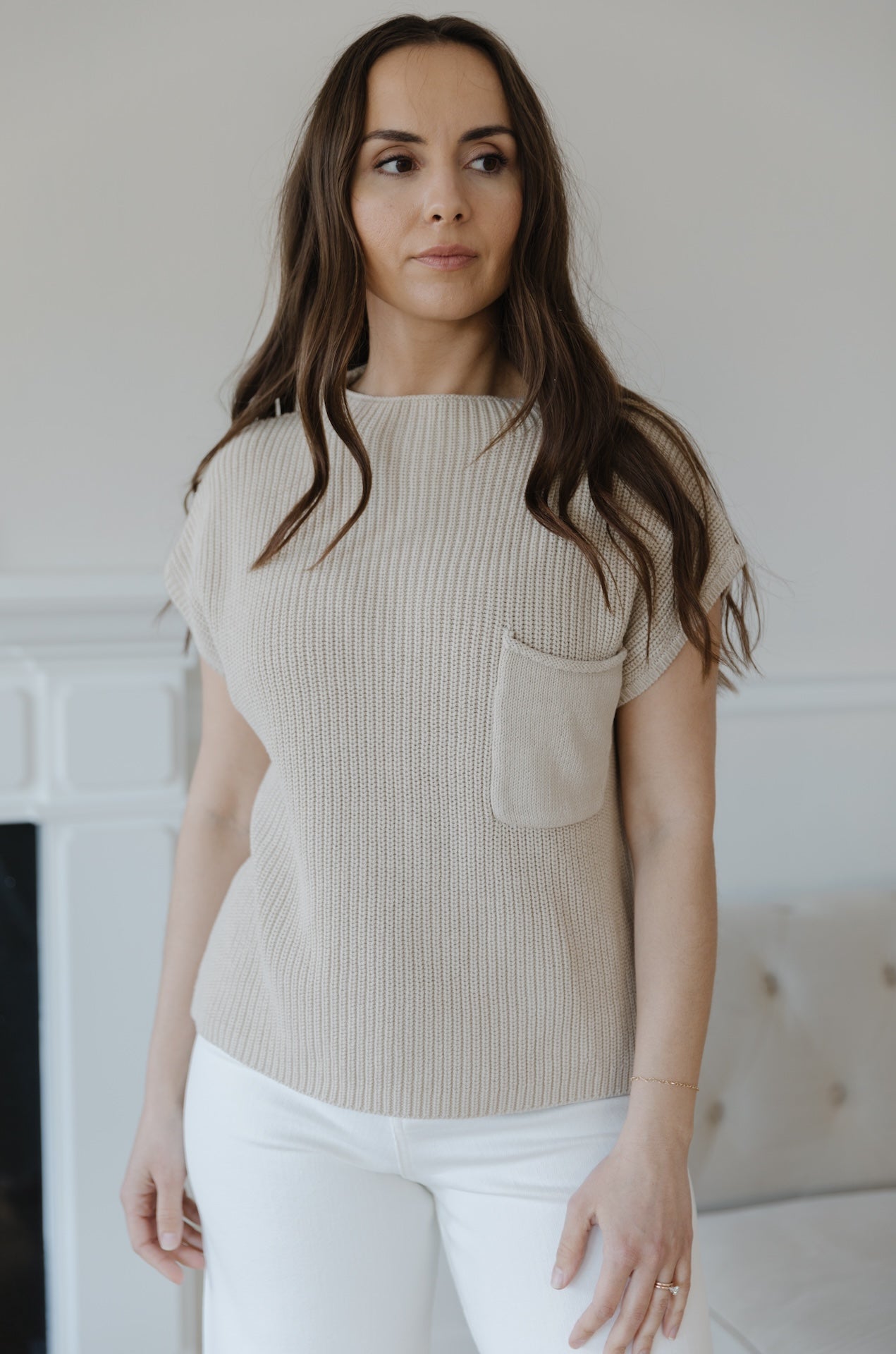 Taupe Knit Sweater Top With Pocket