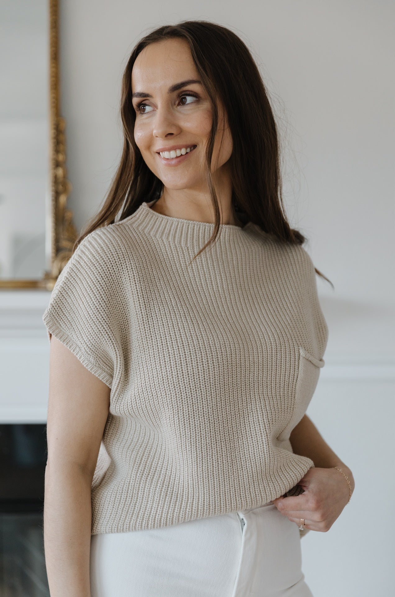 Taupe Knit Sweater Top With Pocket