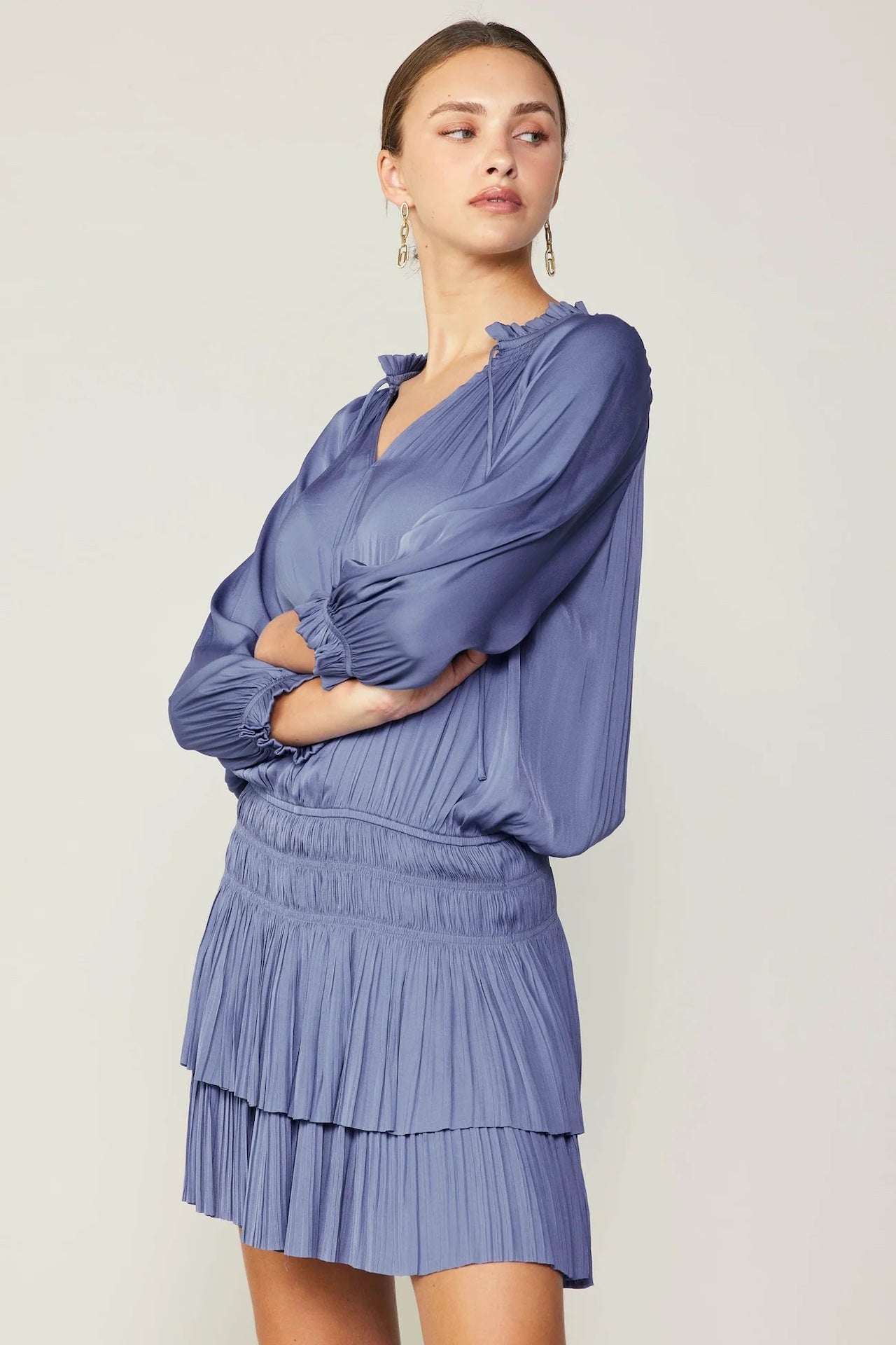 current air dress pleated mini dress with long sleeves
