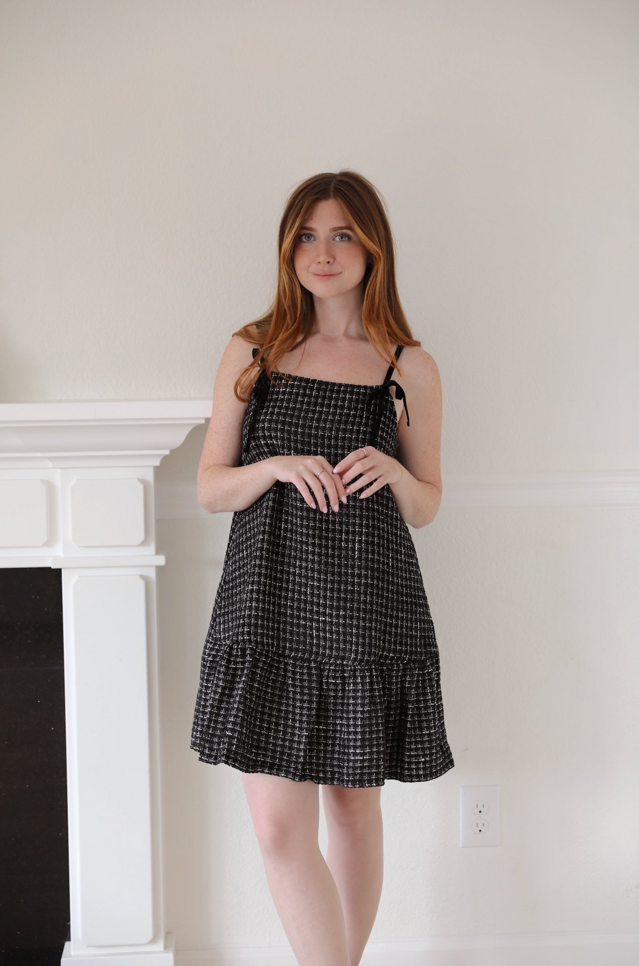 black and white tweed velvet spaghetti mini dress with velvet bow ties