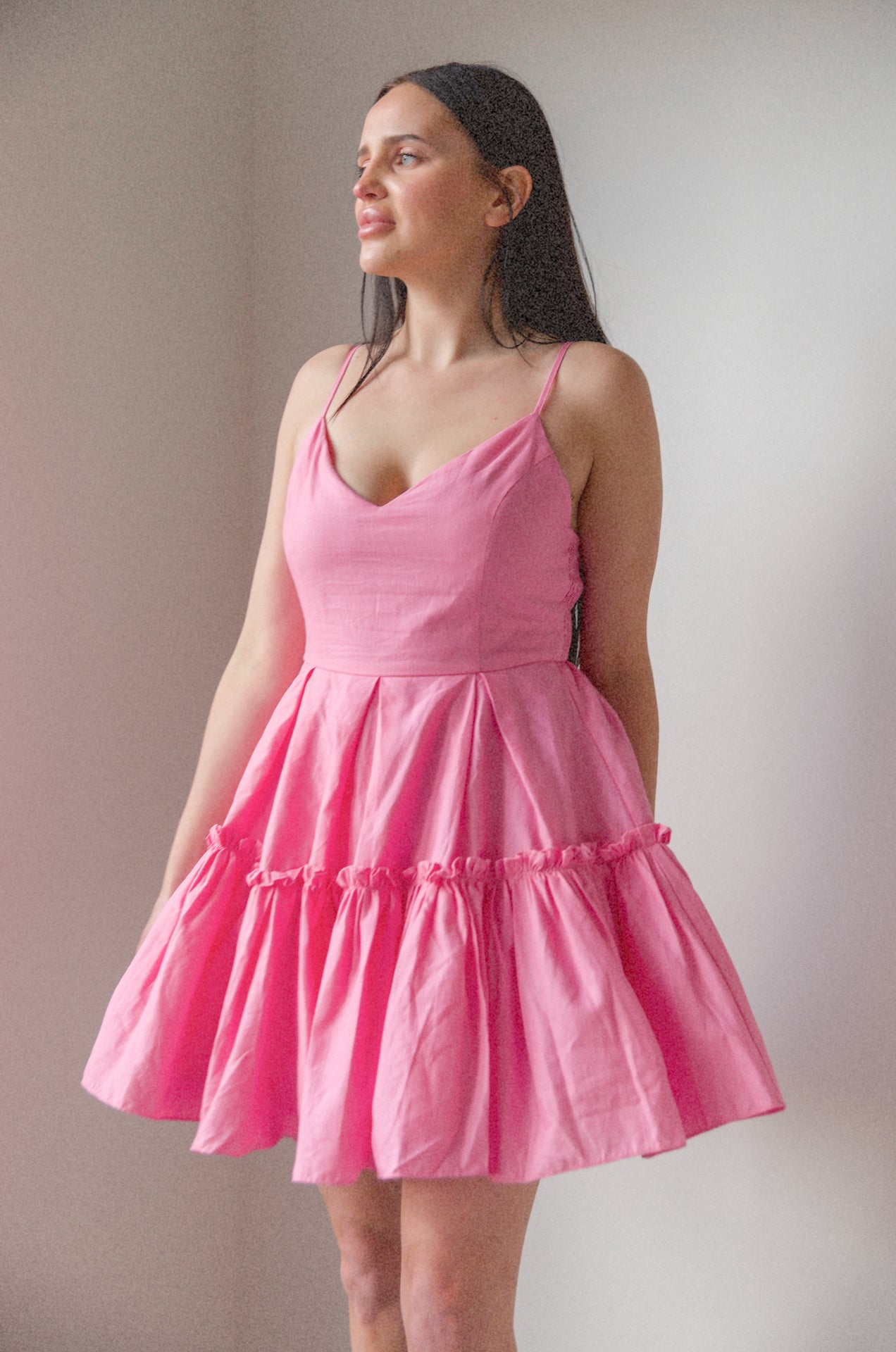 pink spaghetti strap a line mini dress