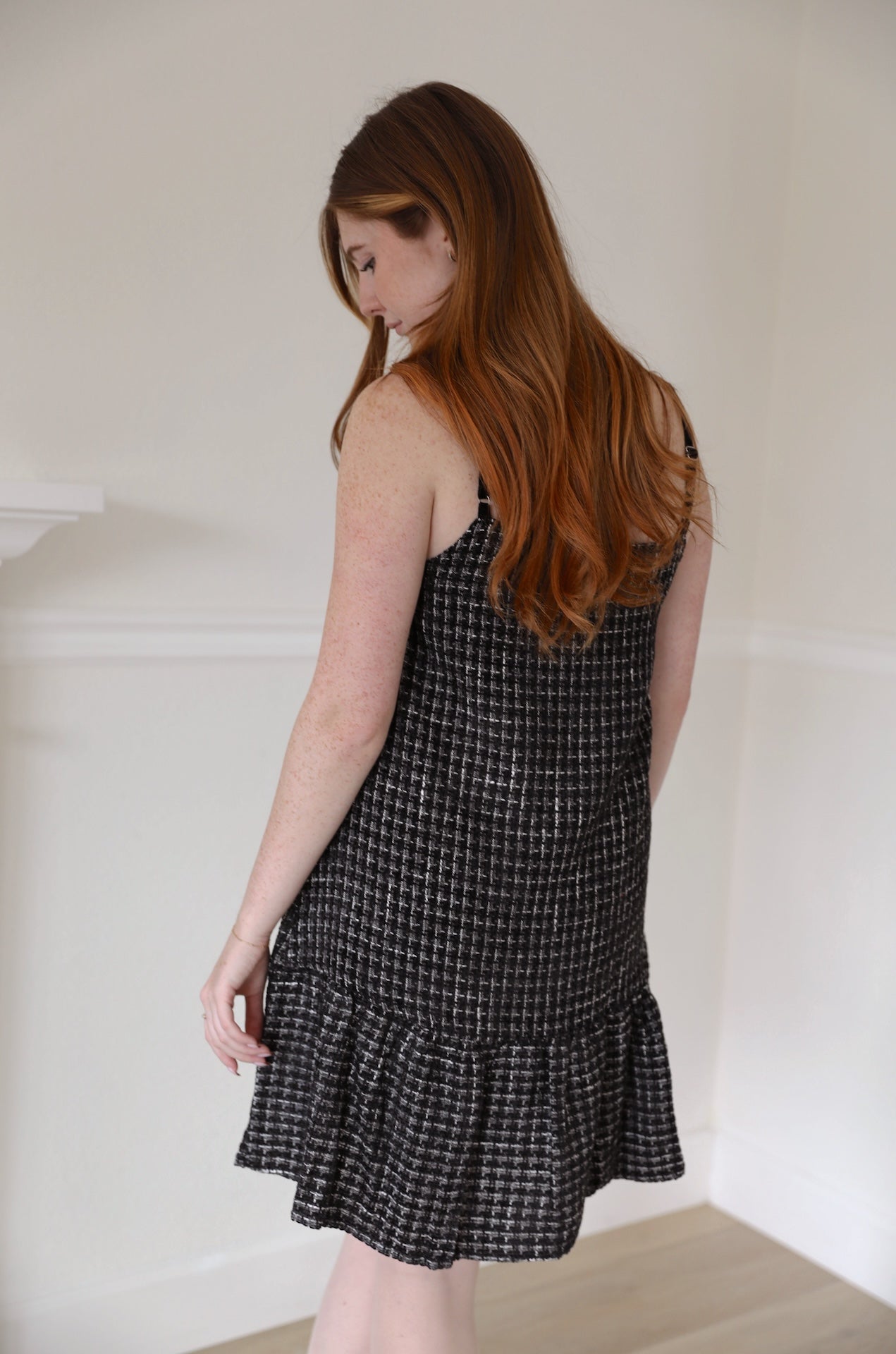 black and white tweed velvet spaghetti mini dress with velvet bow ties