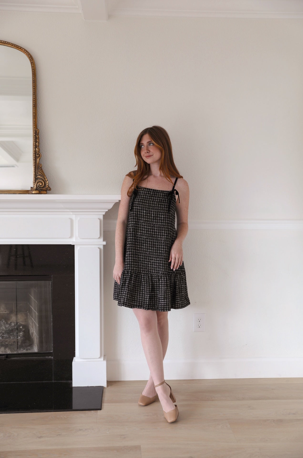 black and white tweed velvet spaghetti mini dress with velvet bow ties