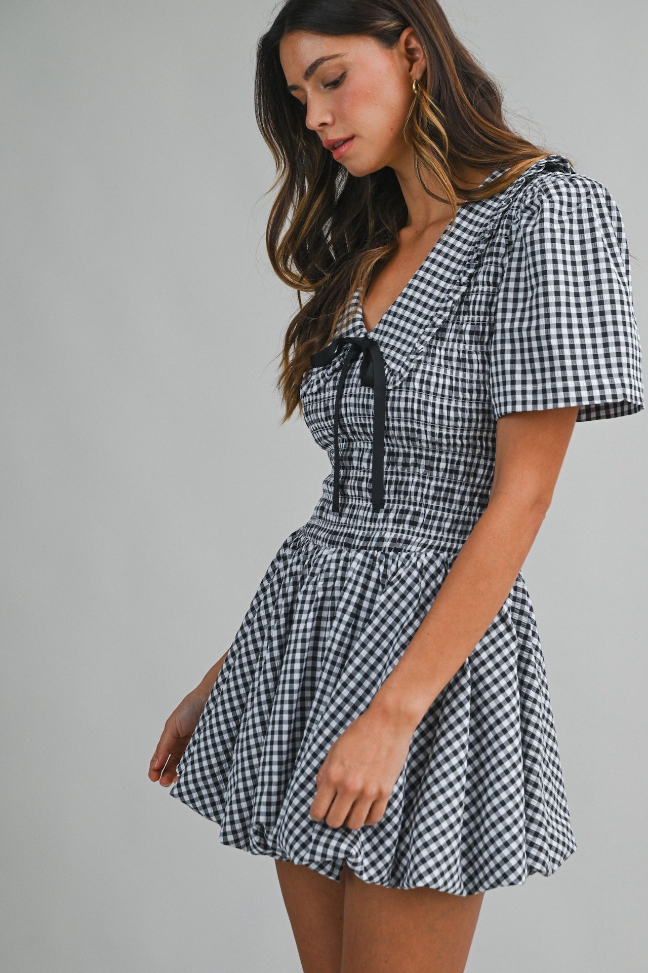 Black Gingham Puff Sleeve Mini Dress