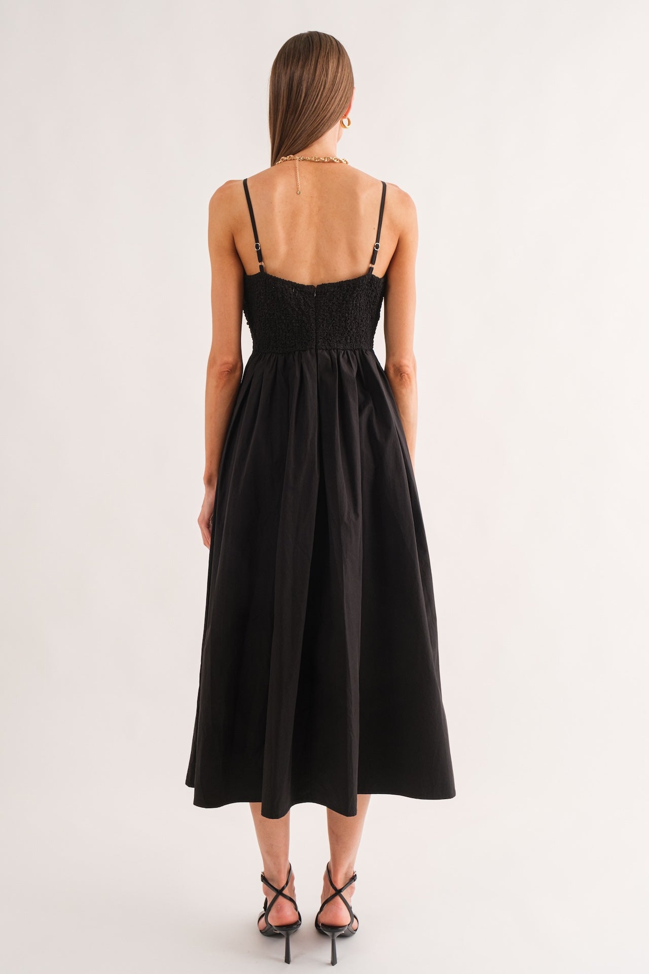 black a-line spaghetti strap midi dress