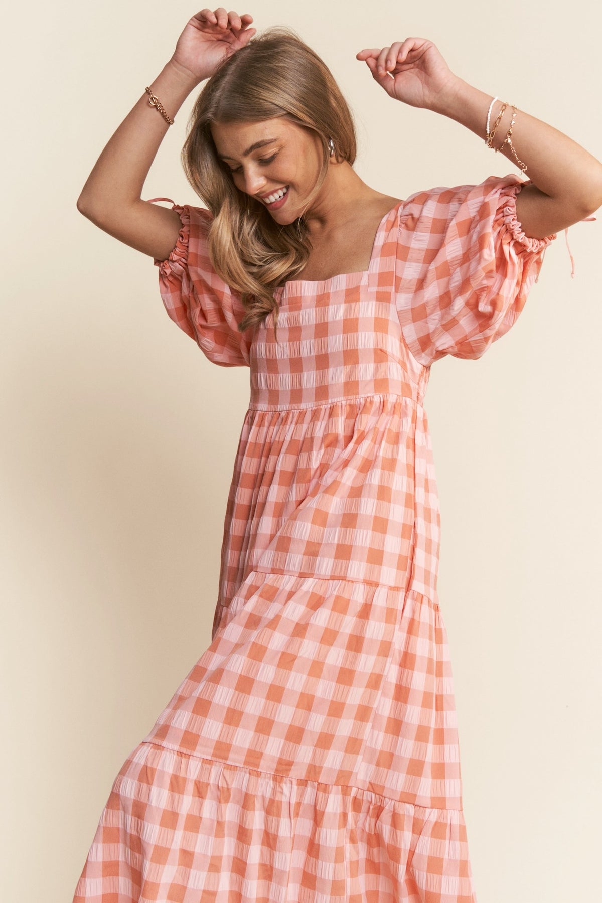 Orange Gingham Puff Sleeve Maxi Dress