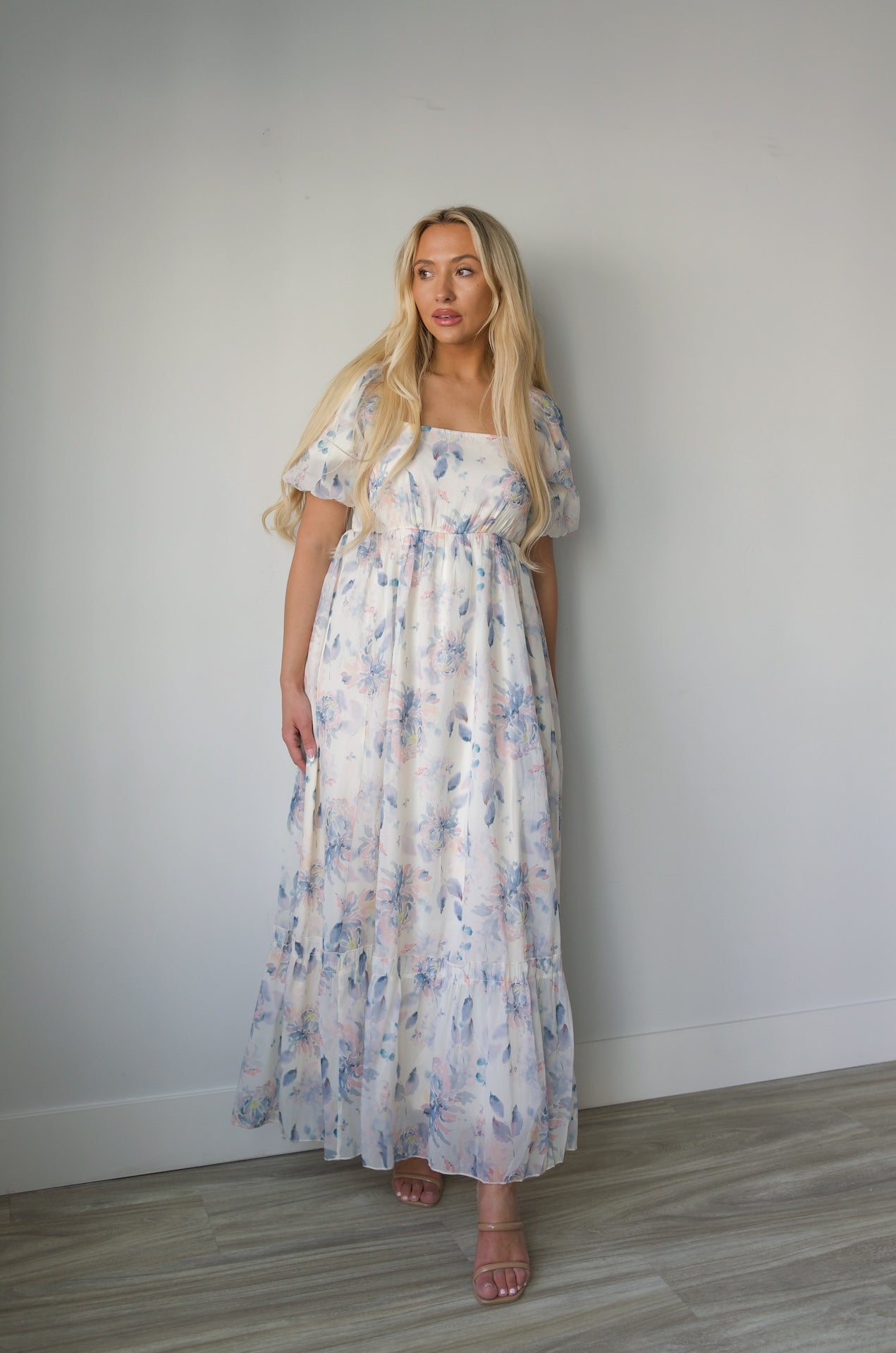 blue floral print square neck maxi dress