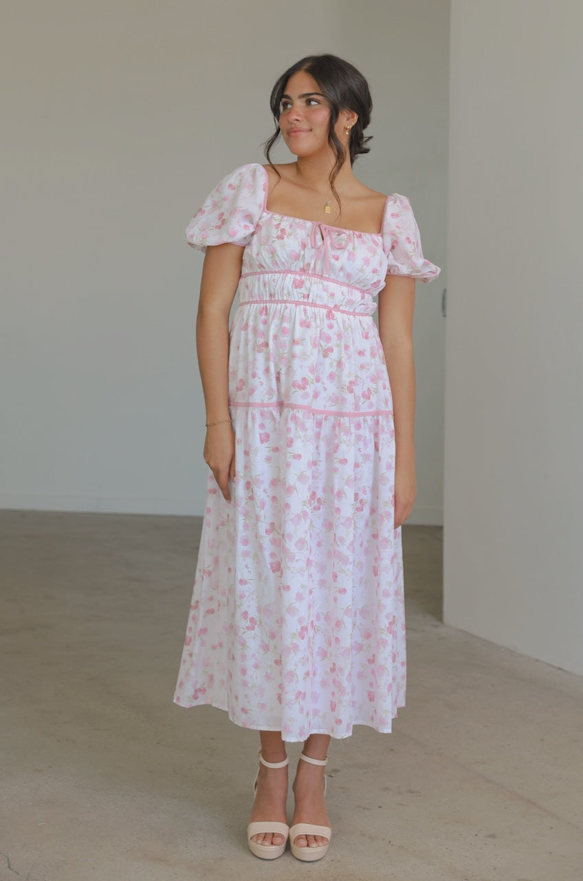 Ivory Pink Floral Puff Sleeve Midi Dress