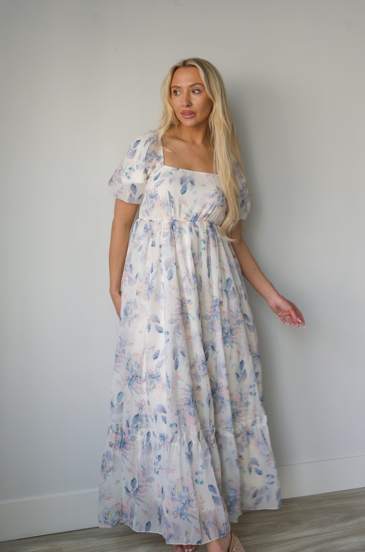 blue floral print square neck maxi dress