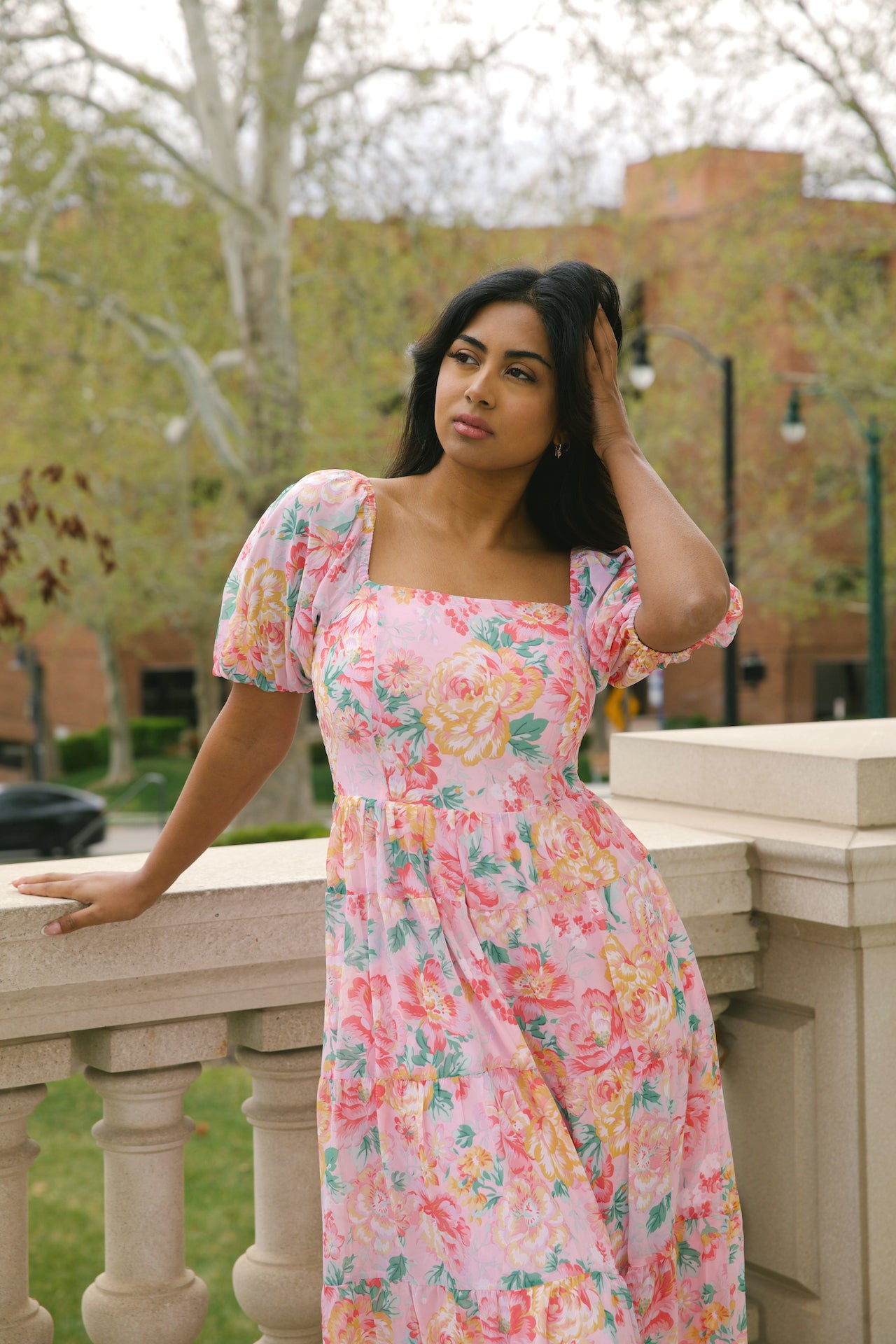 chiffon pink floral maxi dress with puff sleeves and a square neckline