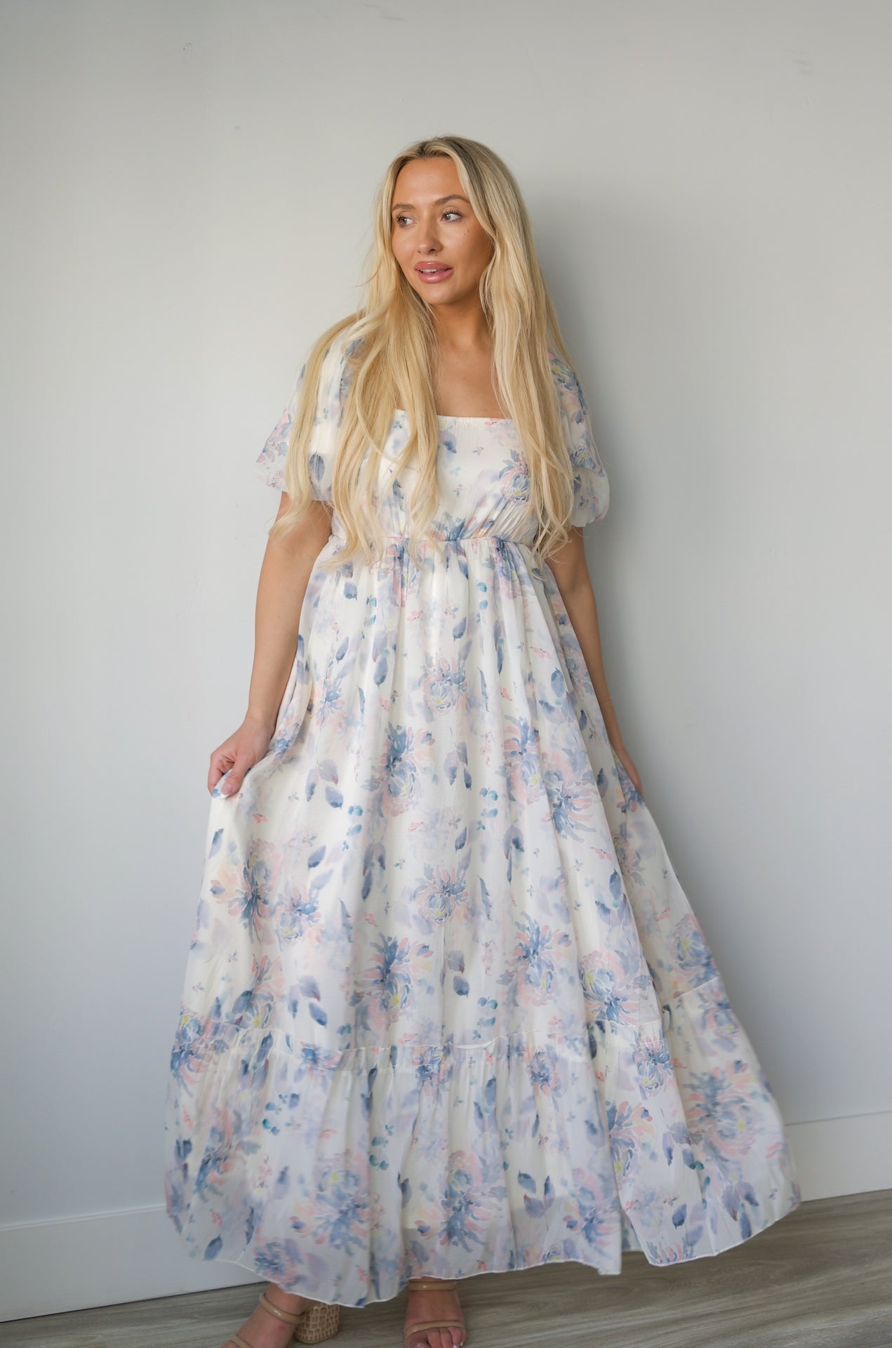 blue floral print square neck maxi dress