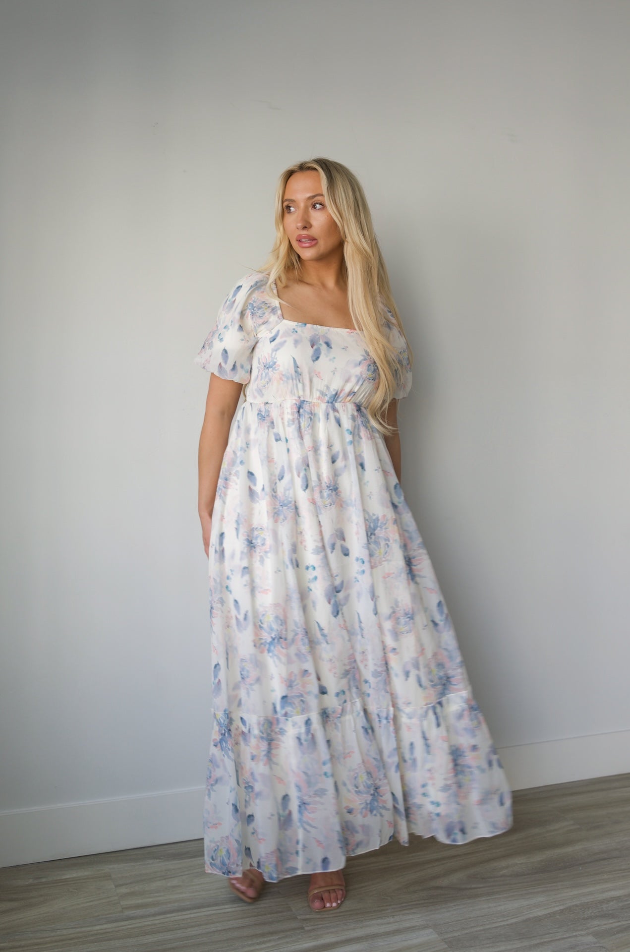 blue floral print square neck maxi dress
