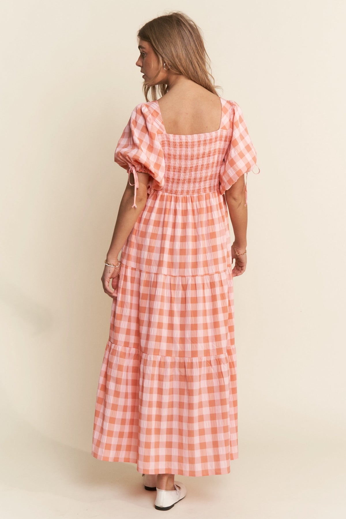 Orange Gingham Puff Sleeve Maxi Dress