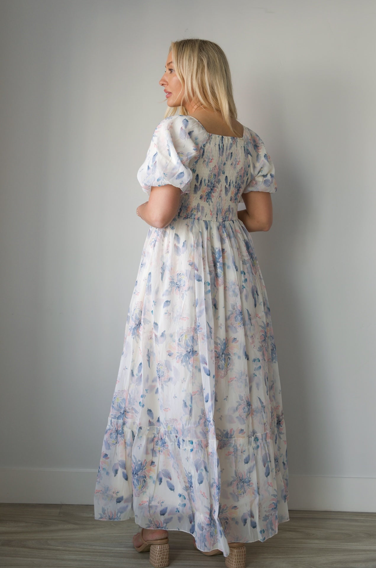 blue floral print square neck maxi dress