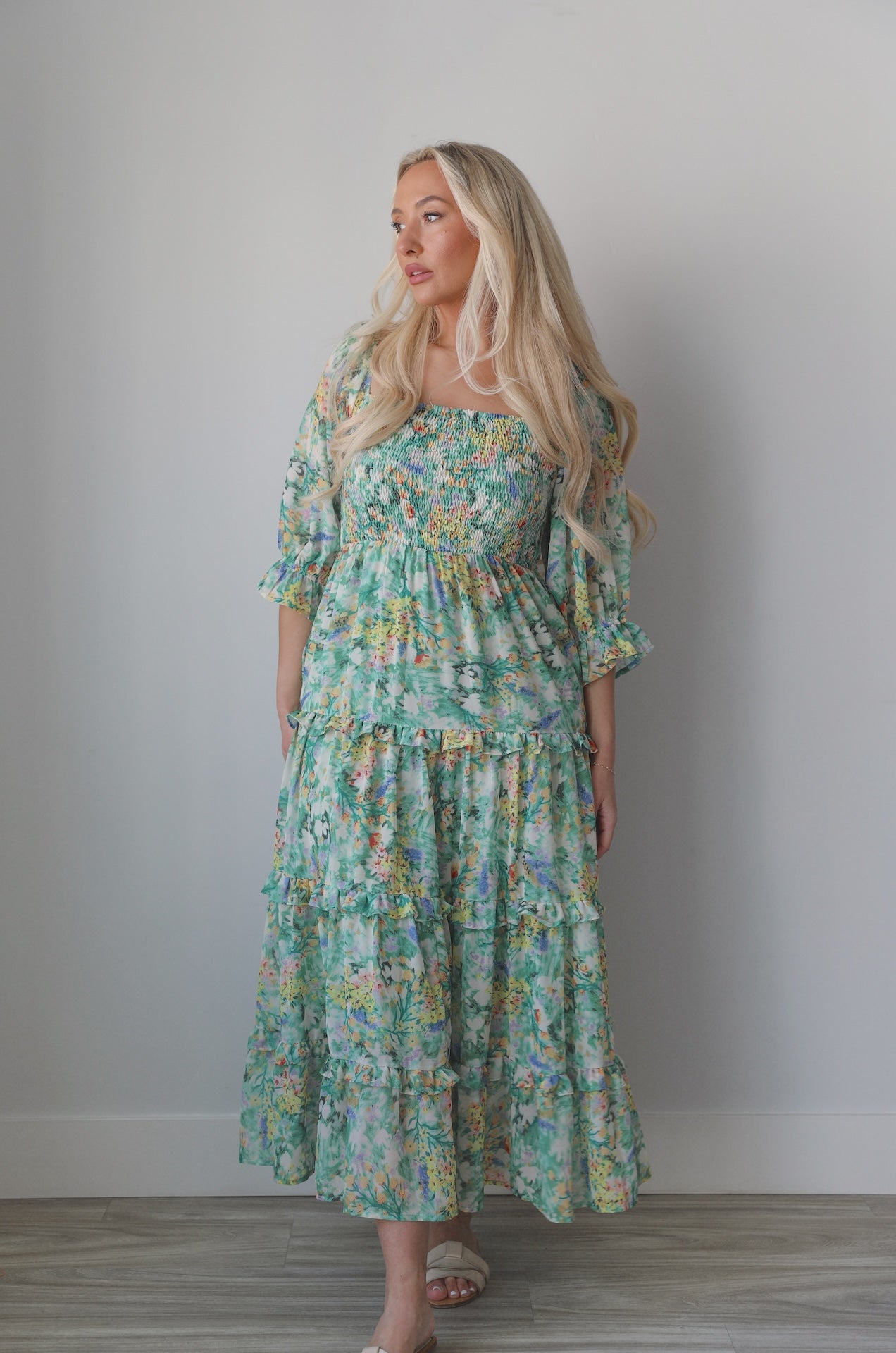 Andrea Green Floral Midi Dress