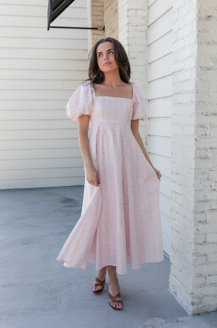 Pink Floral Cotton Puff Sleeve Midi Dress