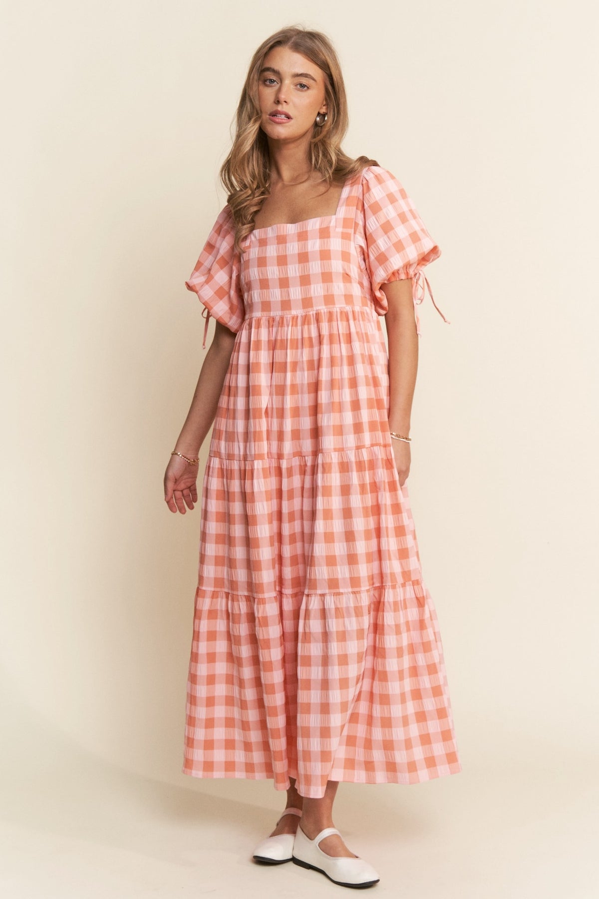 Orange Gingham Puff Sleeve Maxi Dress