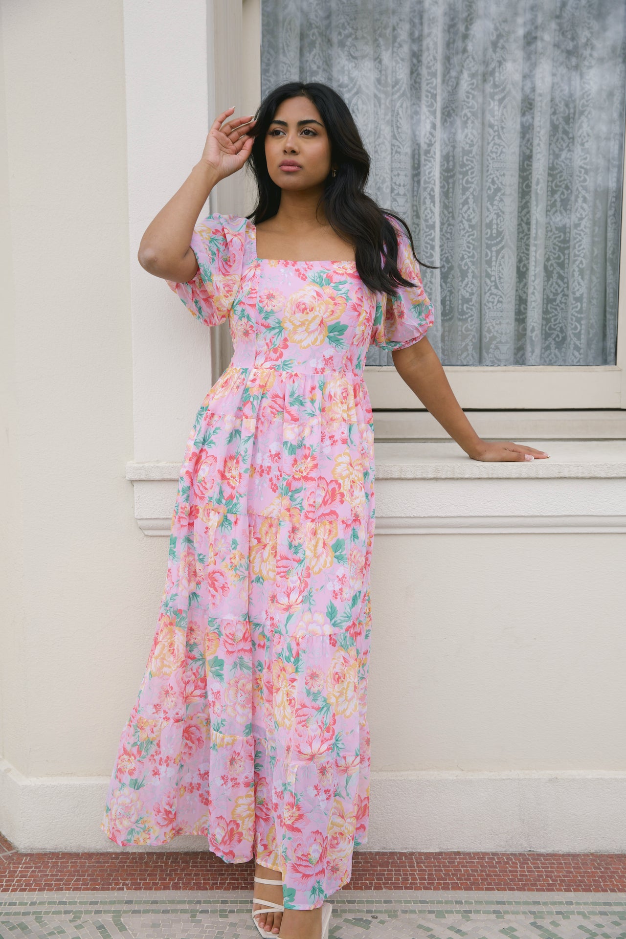 chiffon pink floral maxi dress with puff sleeves and a square neckline