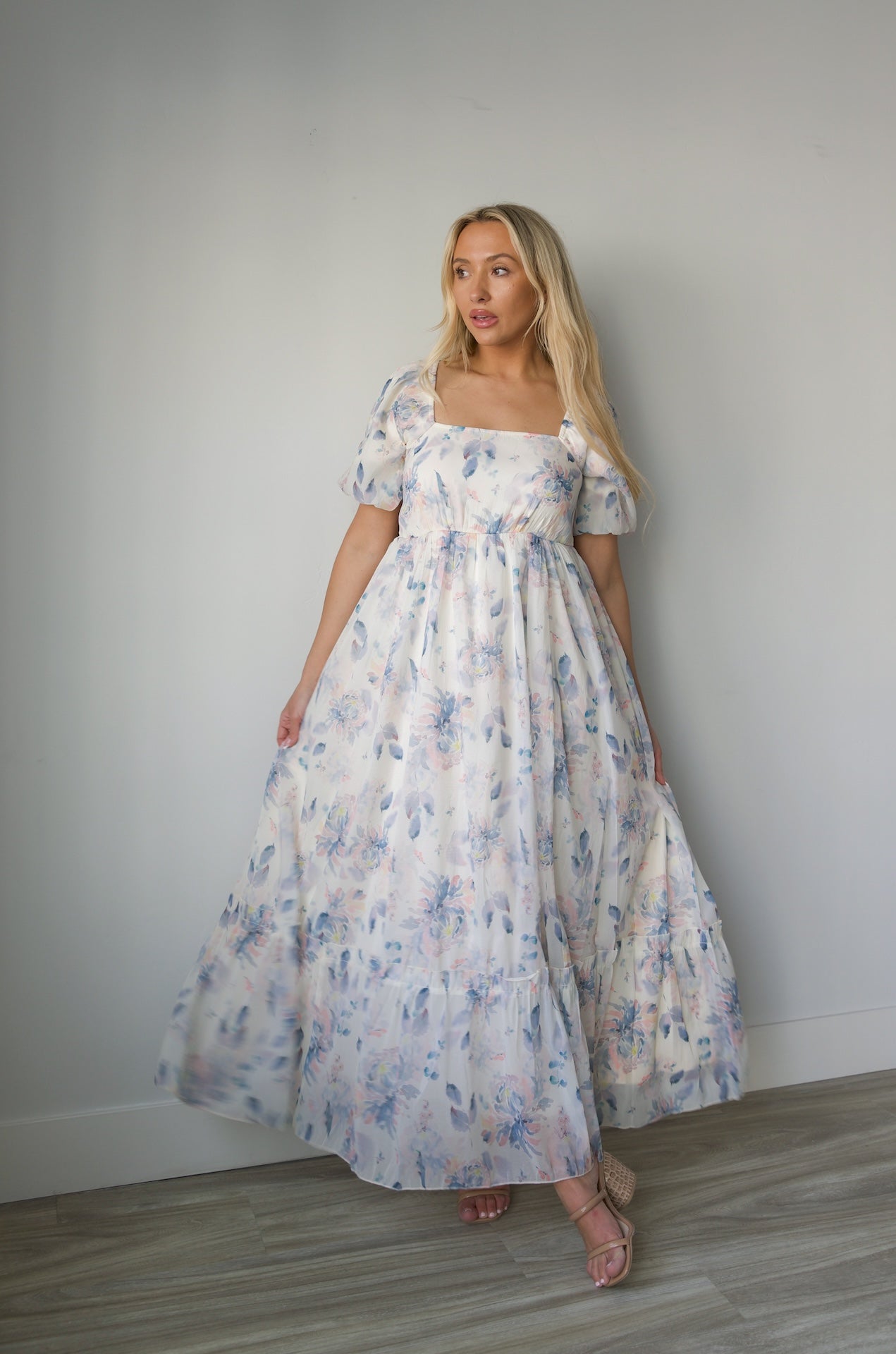 blue floral print square neck maxi dress