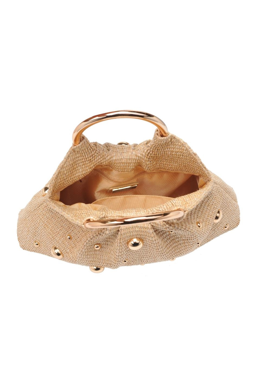 natural straw woven bag with gold studded detail and round gold top handle