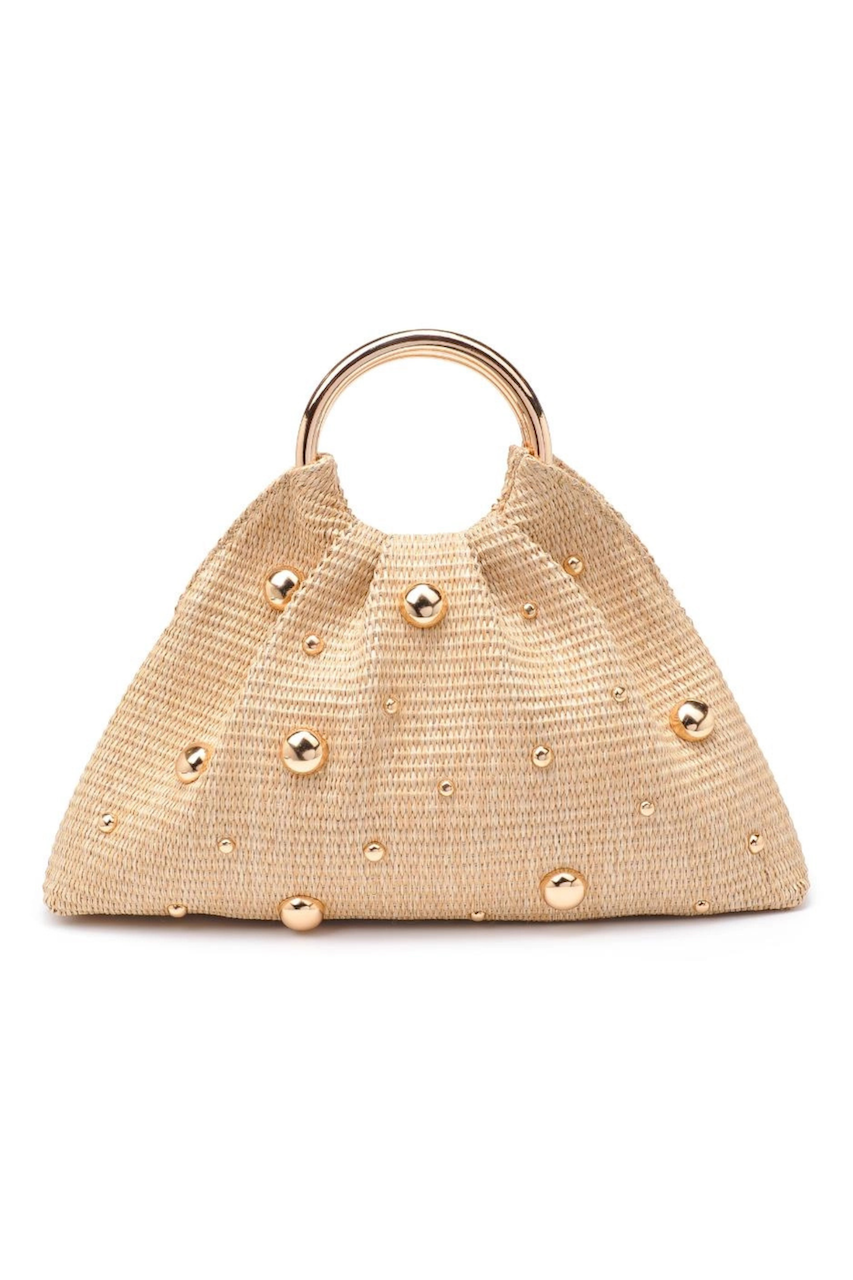 natural straw woven bag with gold studded detail and round gold top handle