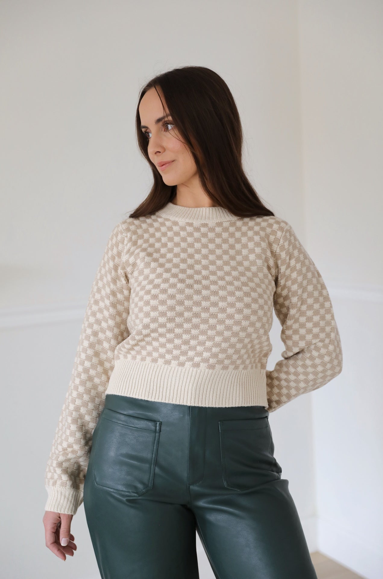 Taupe Gingham Sweater
