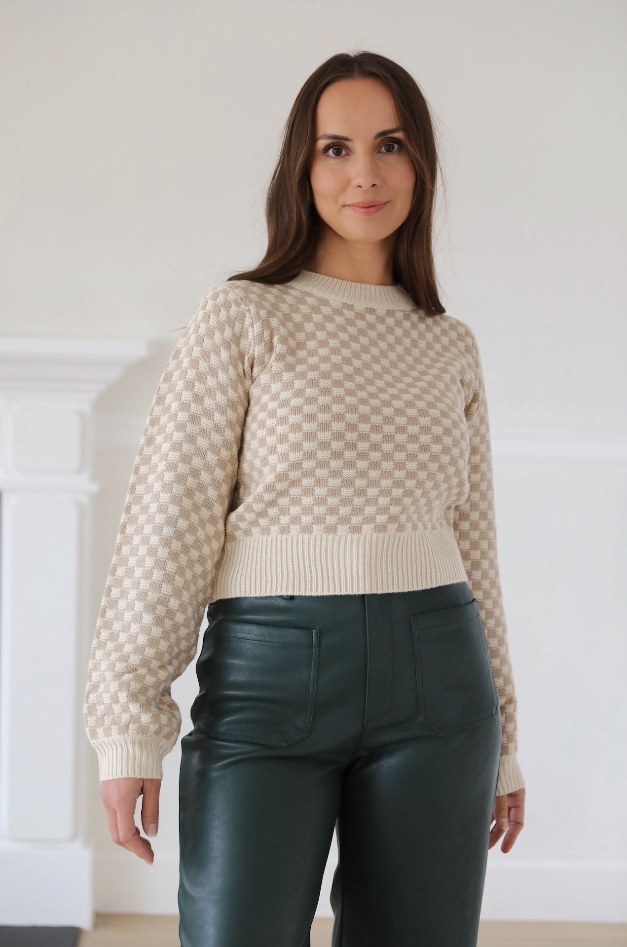 Taupe Gingham Sweater