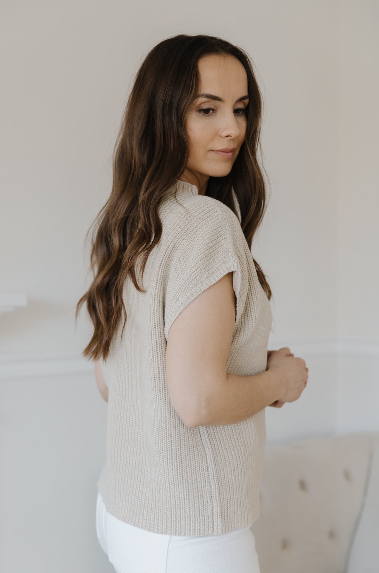 Taupe Knit Sweater Top With Pocket