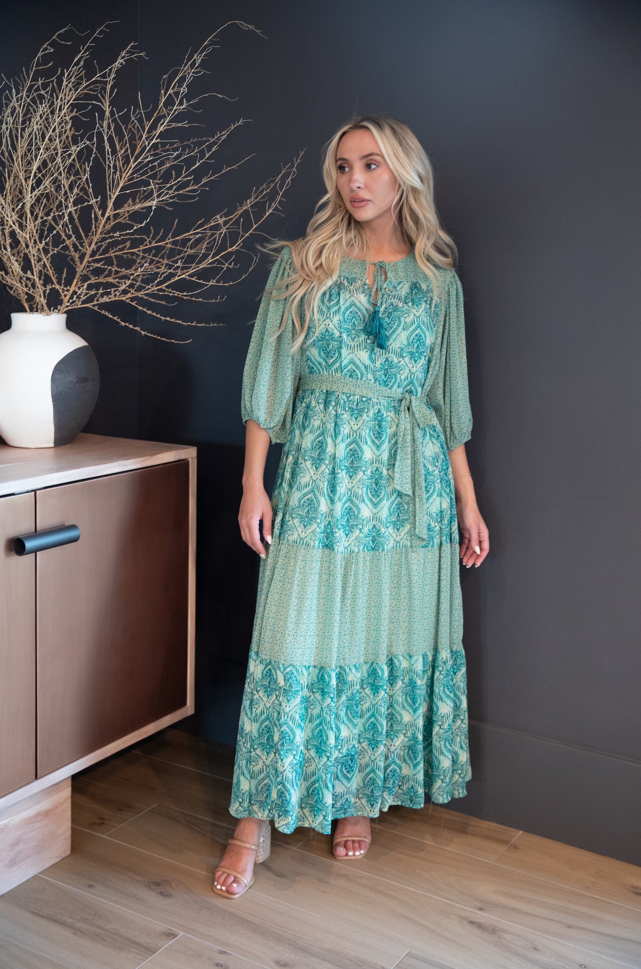 teal paisley print midi maxi tiered dress
