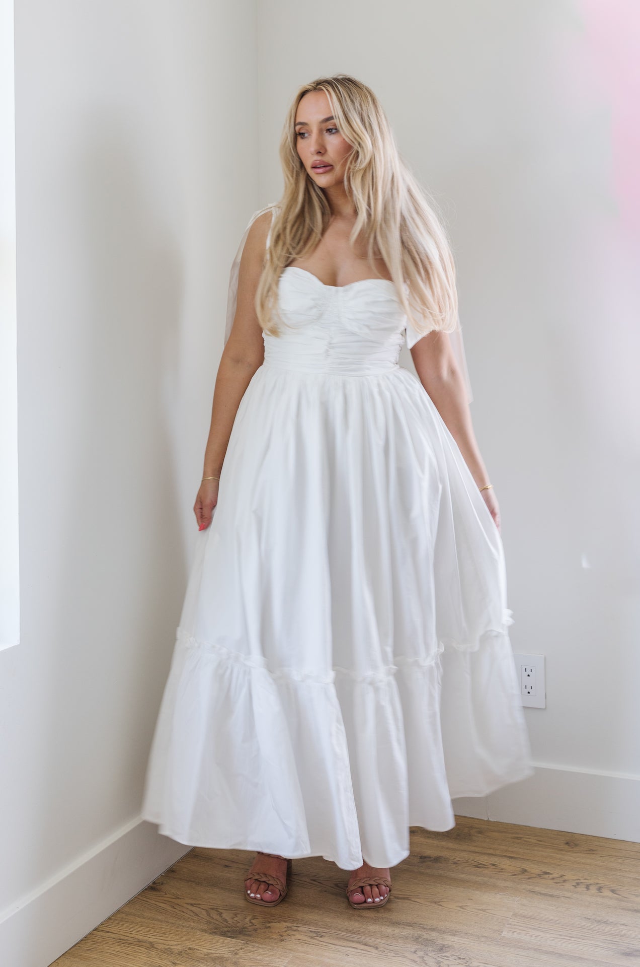 white midi poplin dress with bow on shoulders