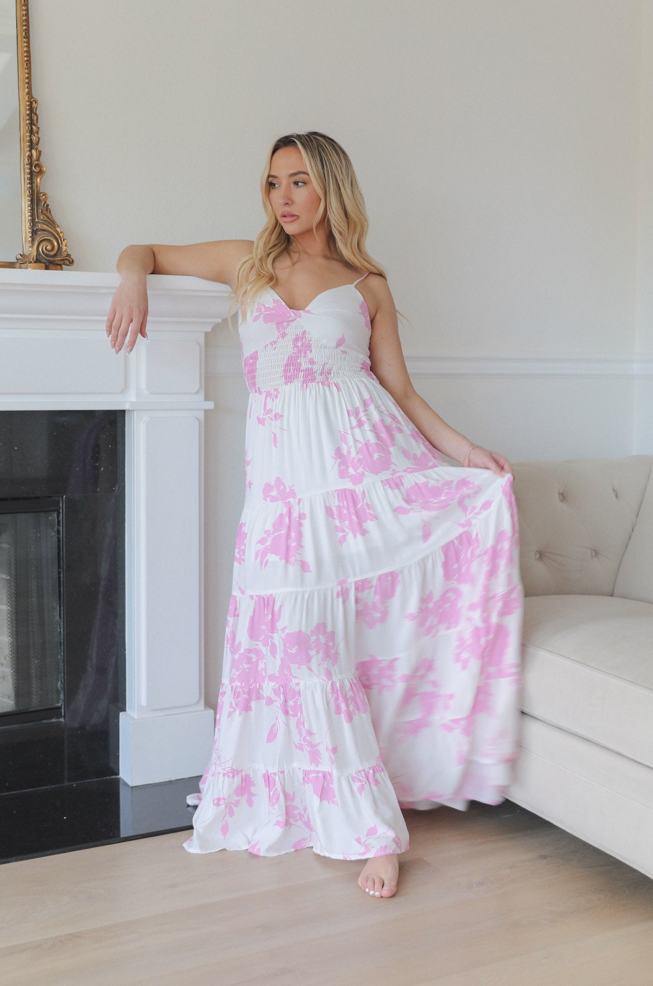 pink and white tiered maxi dress