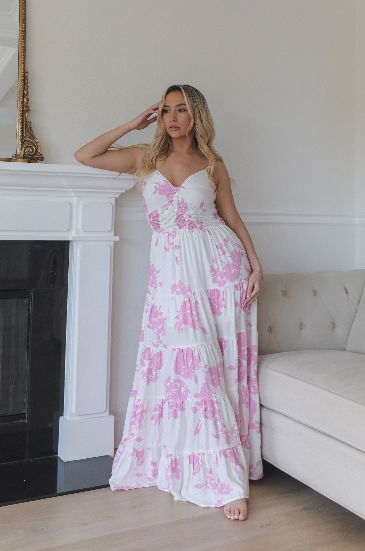 pink and white tiered maxi dress