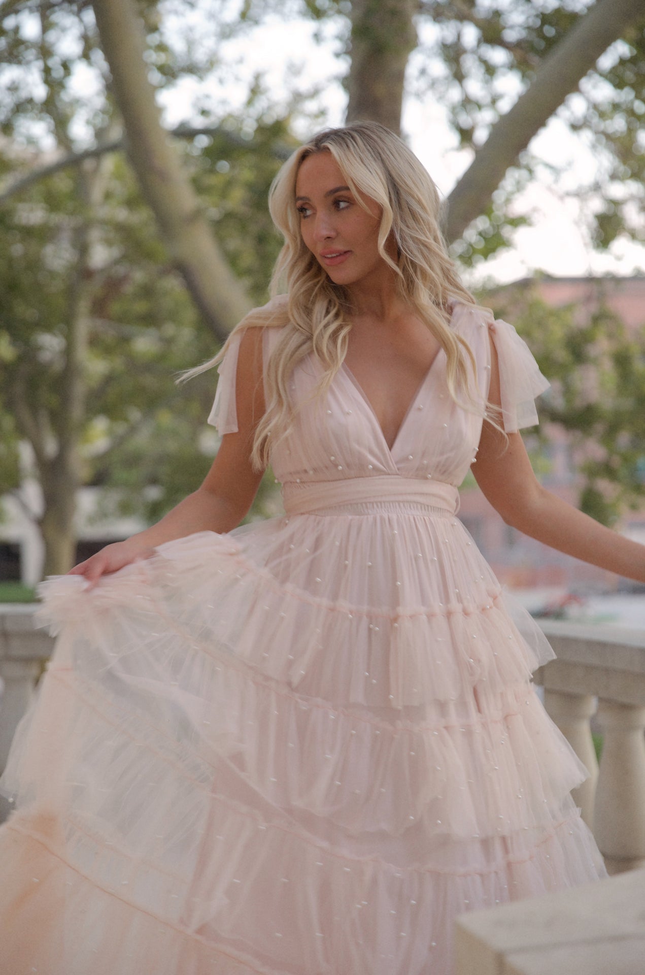 pink tiered tulle maxi dress gown with pearl embellishment