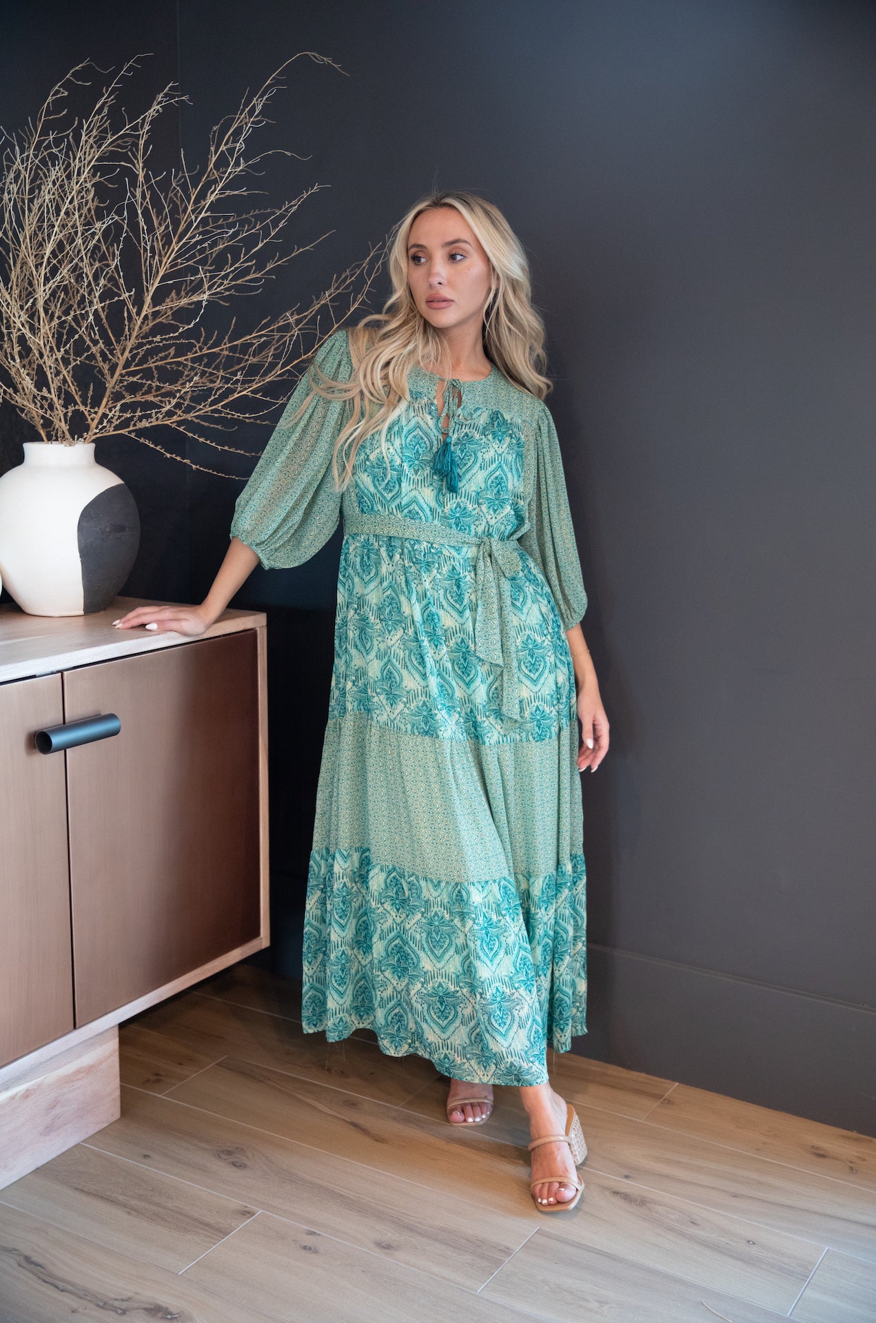 teal paisley print midi maxi tiered dress