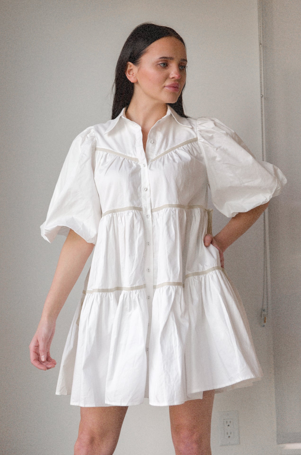 white puff sleeve tiered babydoll mini dress