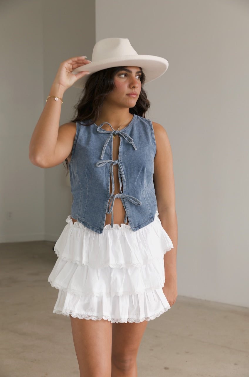 white tiered ruffle mini skirt