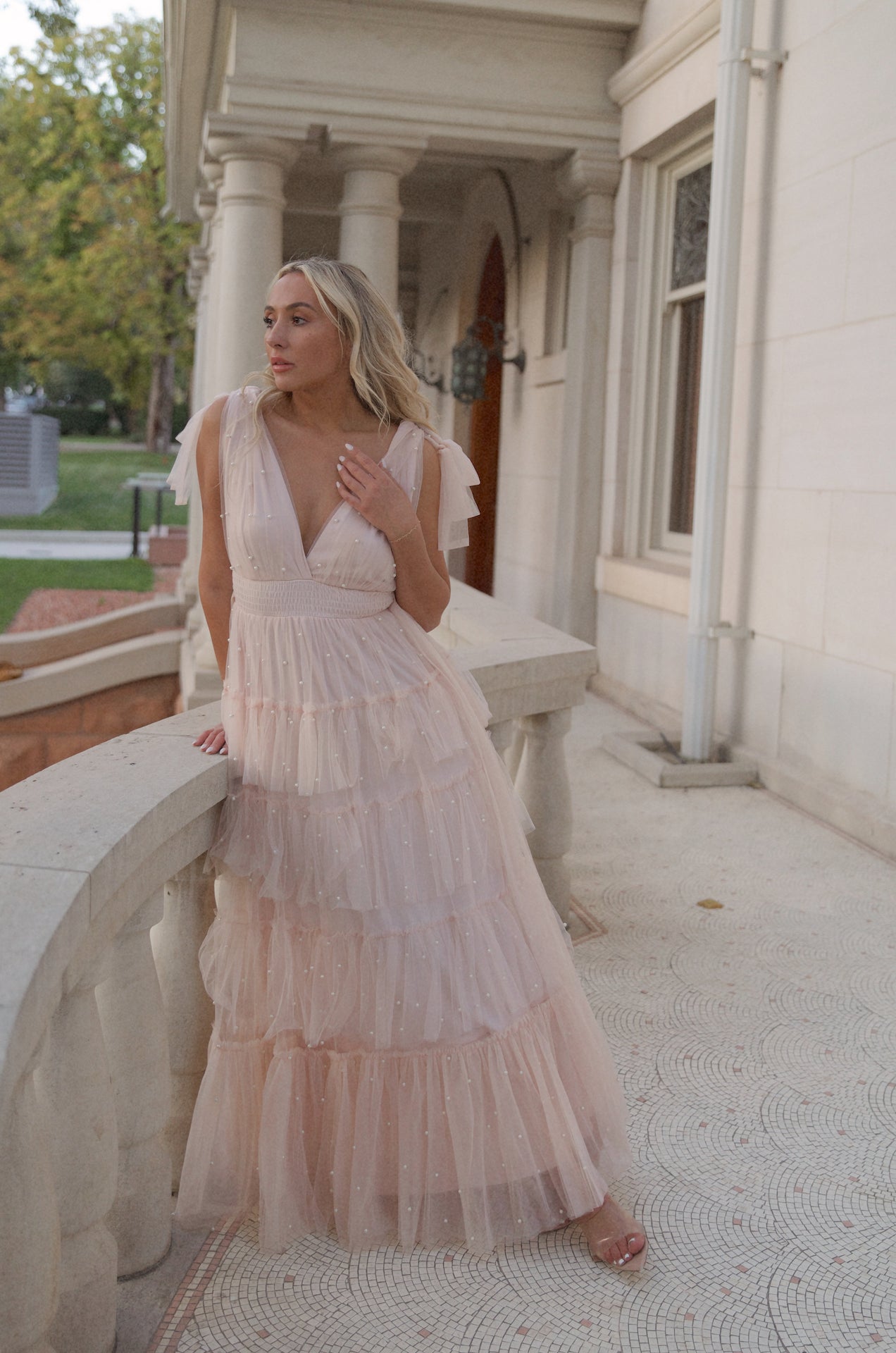 pink tiered tulle maxi dress gown with pearl embellishment