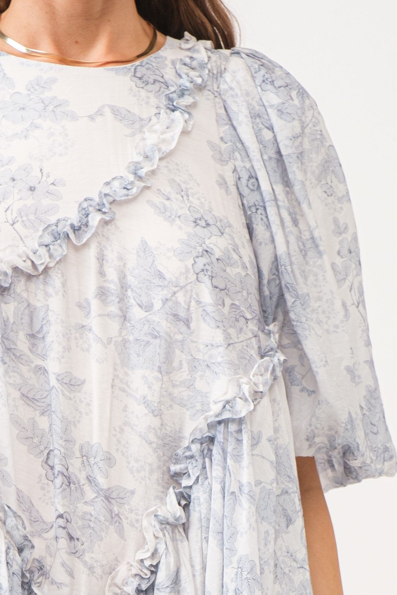 blue and white toile asymmetrical mini dress