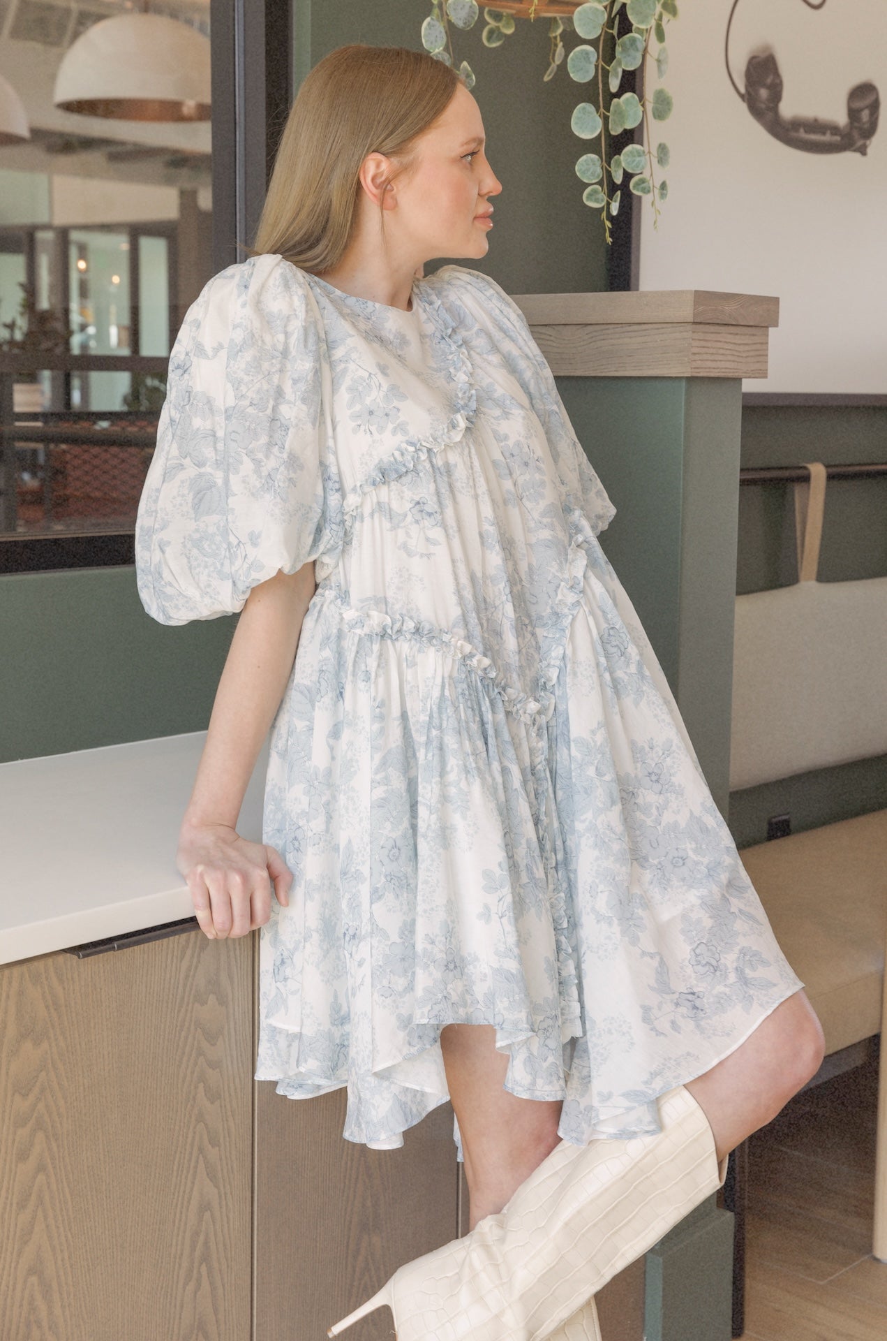 blue and white toile floral print puff sleeve mini dress with ruffles